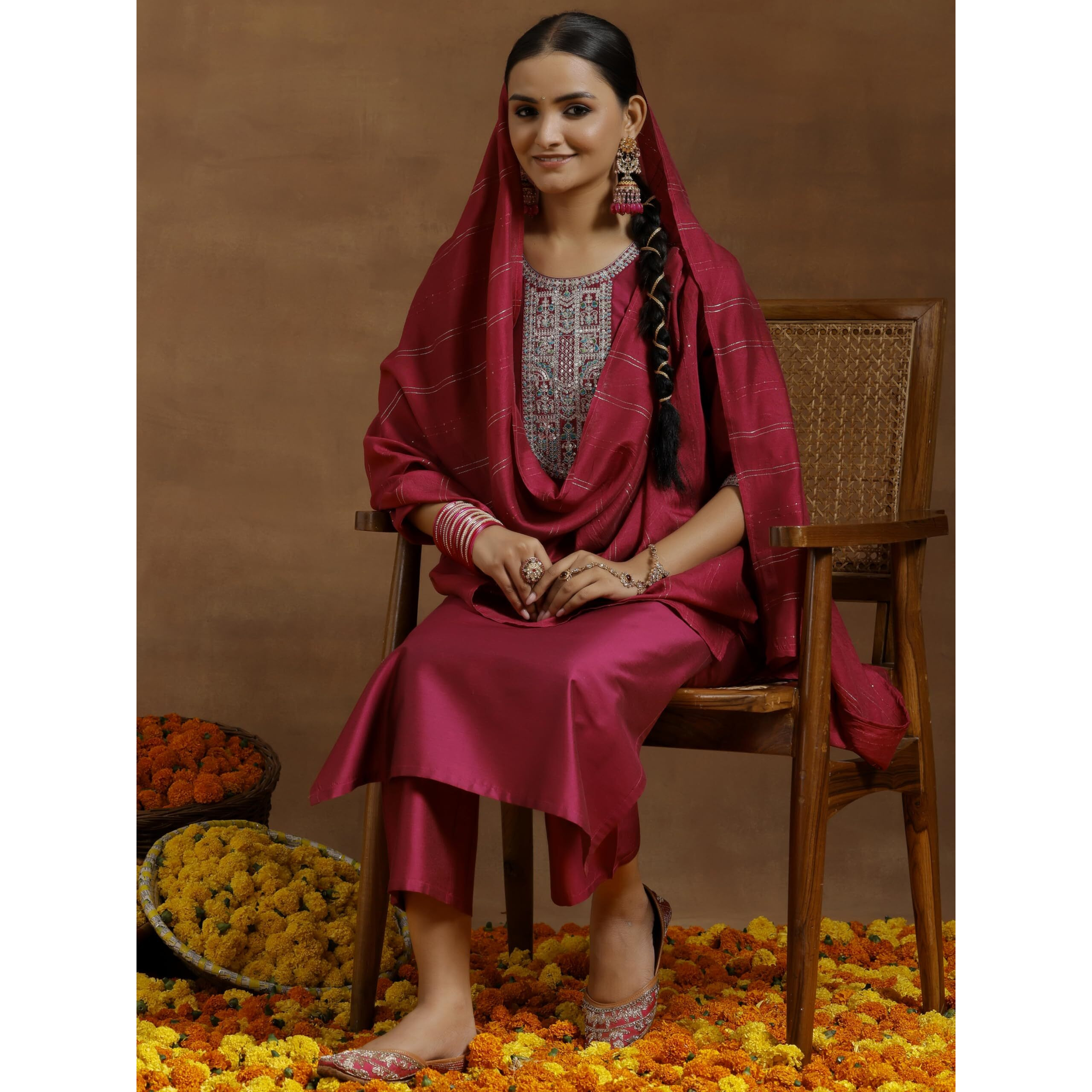 Libas Gerua Womens Yoke Design Silk Blend Straight Kurta With Trousers And Dupatta