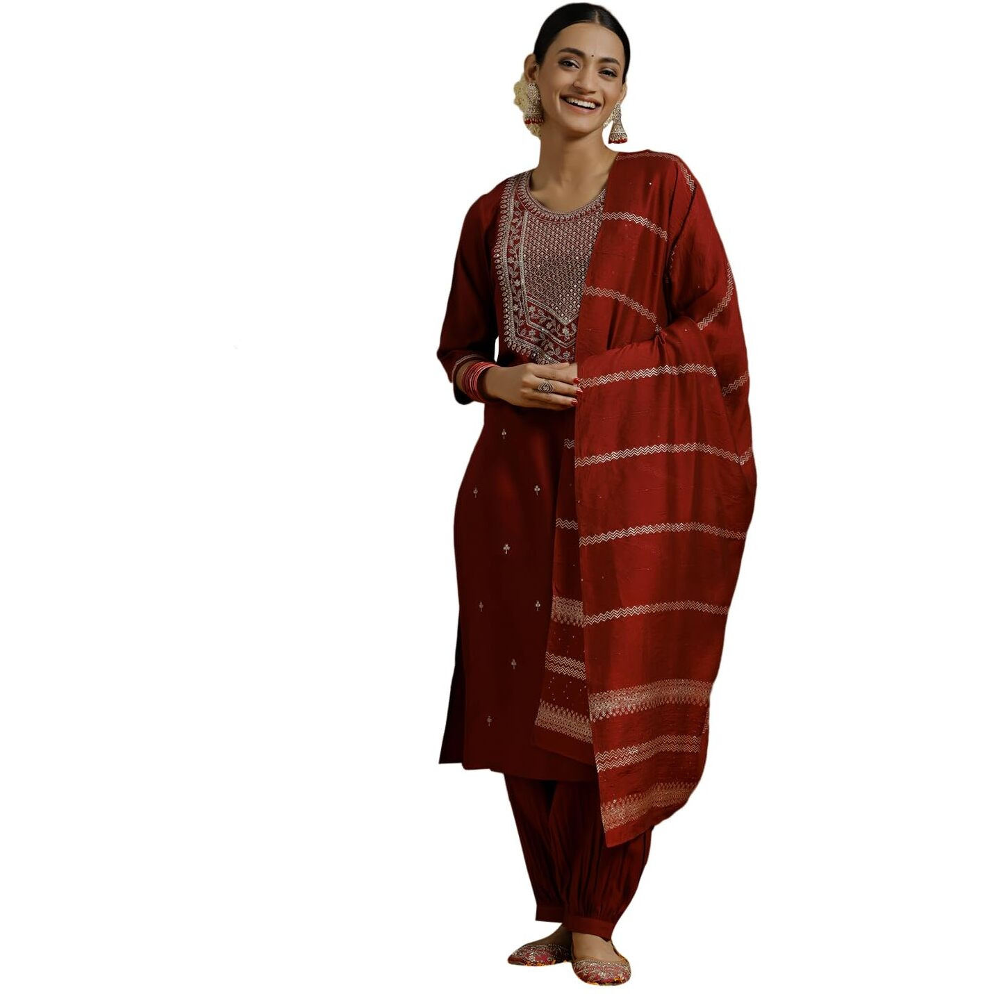 Libas Gerua Womens Yoke Design Silk Blend Straight Kurta With Salwar And Dupatta
