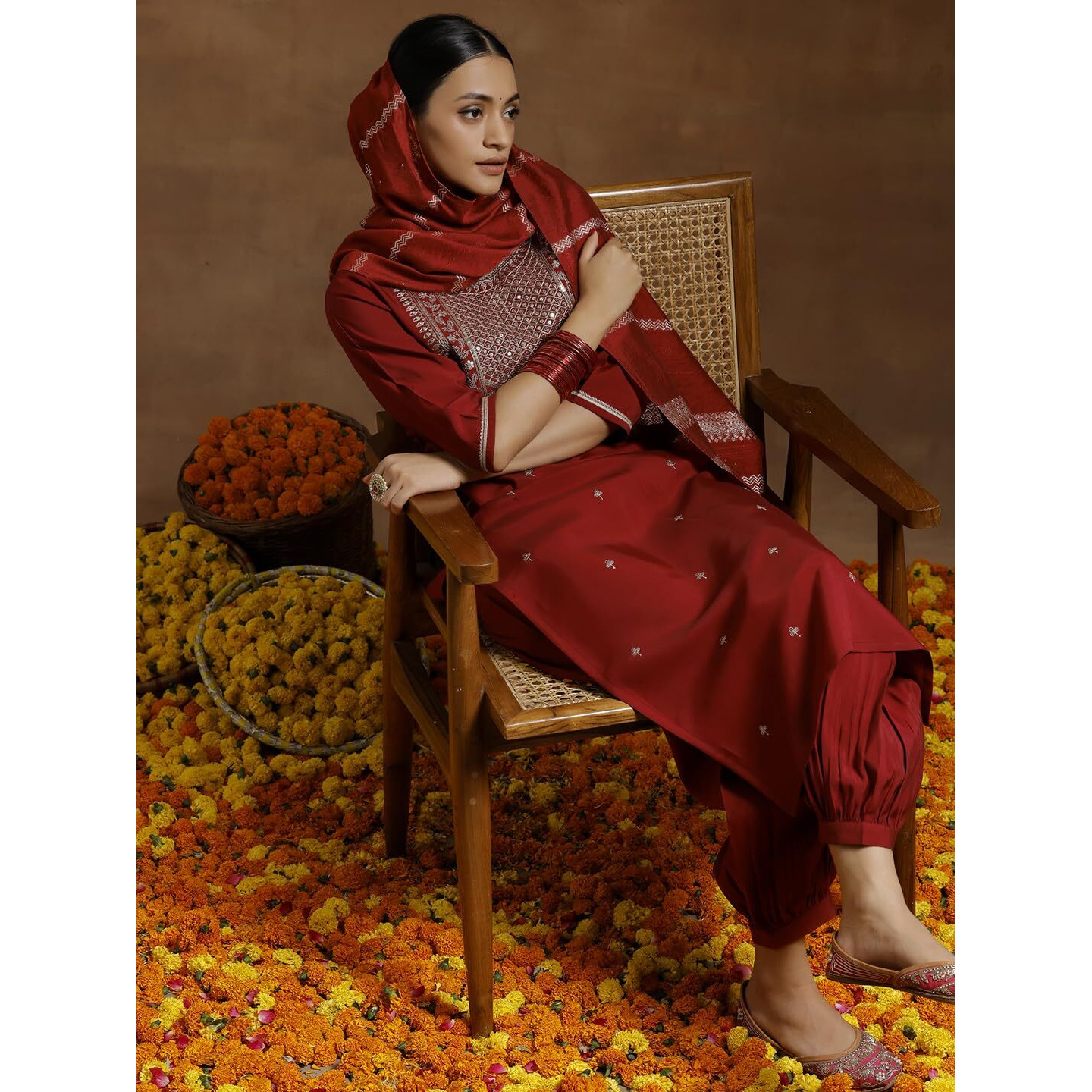 Libas Gerua Womens Yoke Design Silk Blend Straight Kurta With Salwar And Dupatta