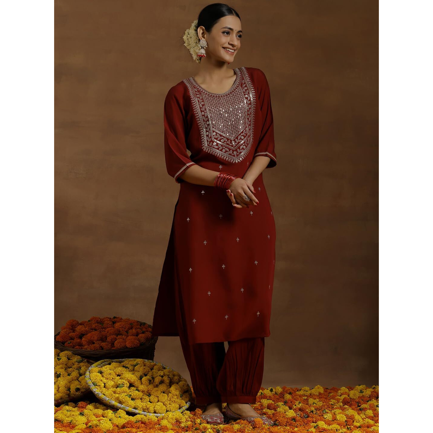Libas Gerua Womens Yoke Design Silk Blend Straight Kurta With Salwar And Dupatta