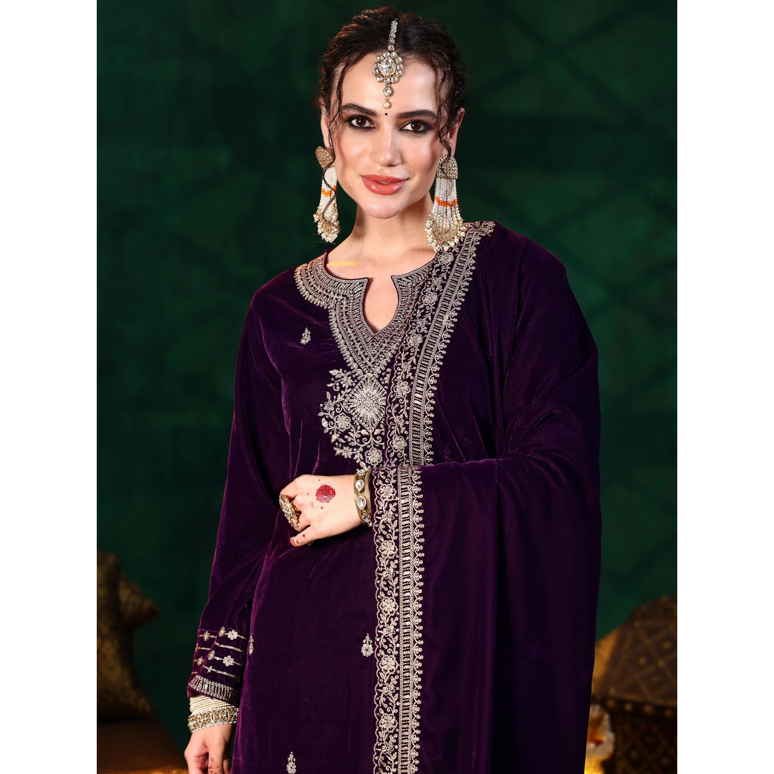 Libas Women's Velvet Embroidered Kurta Set (48816O_Burgundy_Xs)