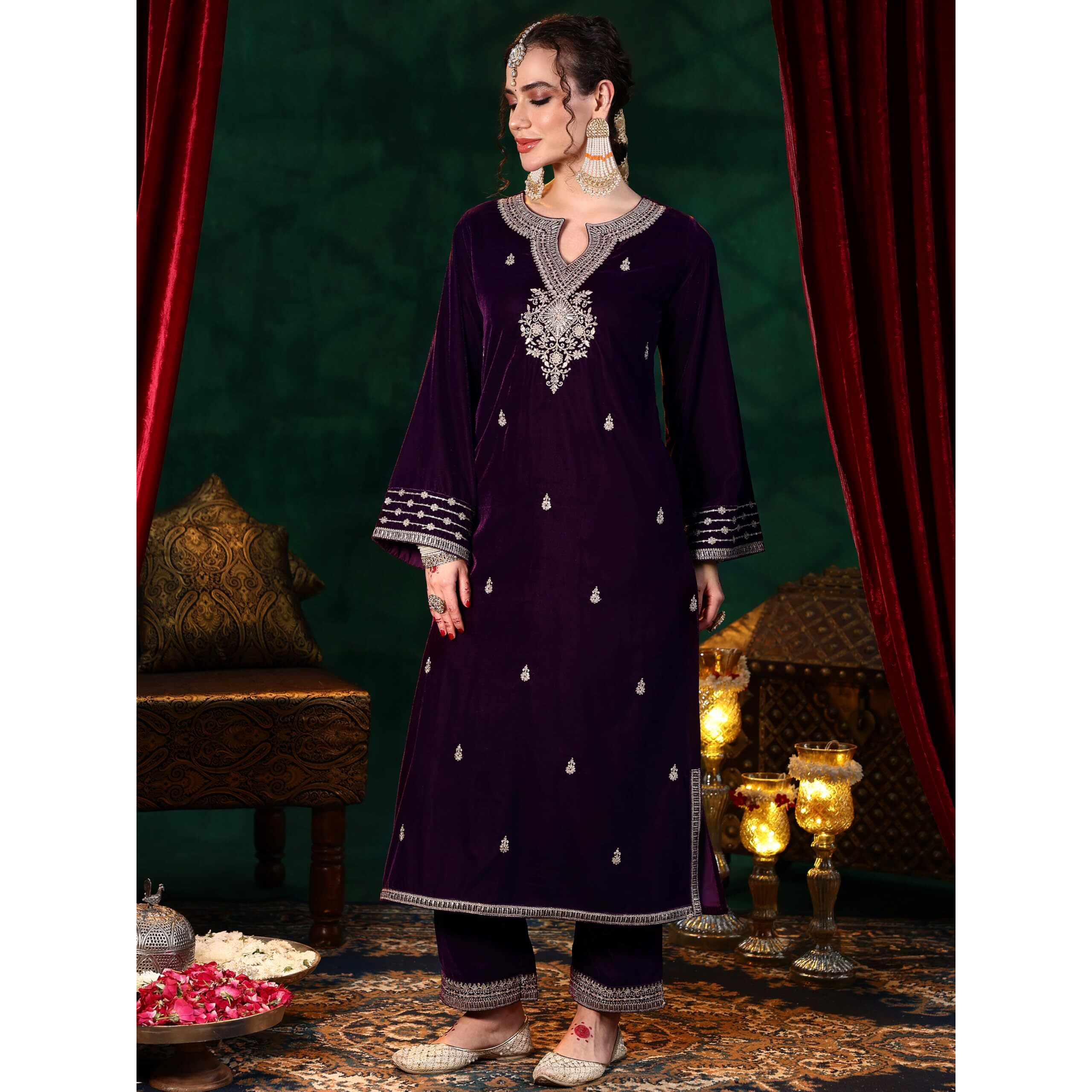 Libas Women's Velvet Embroidered Kurta Set (48816O_Burgundy_Xs)