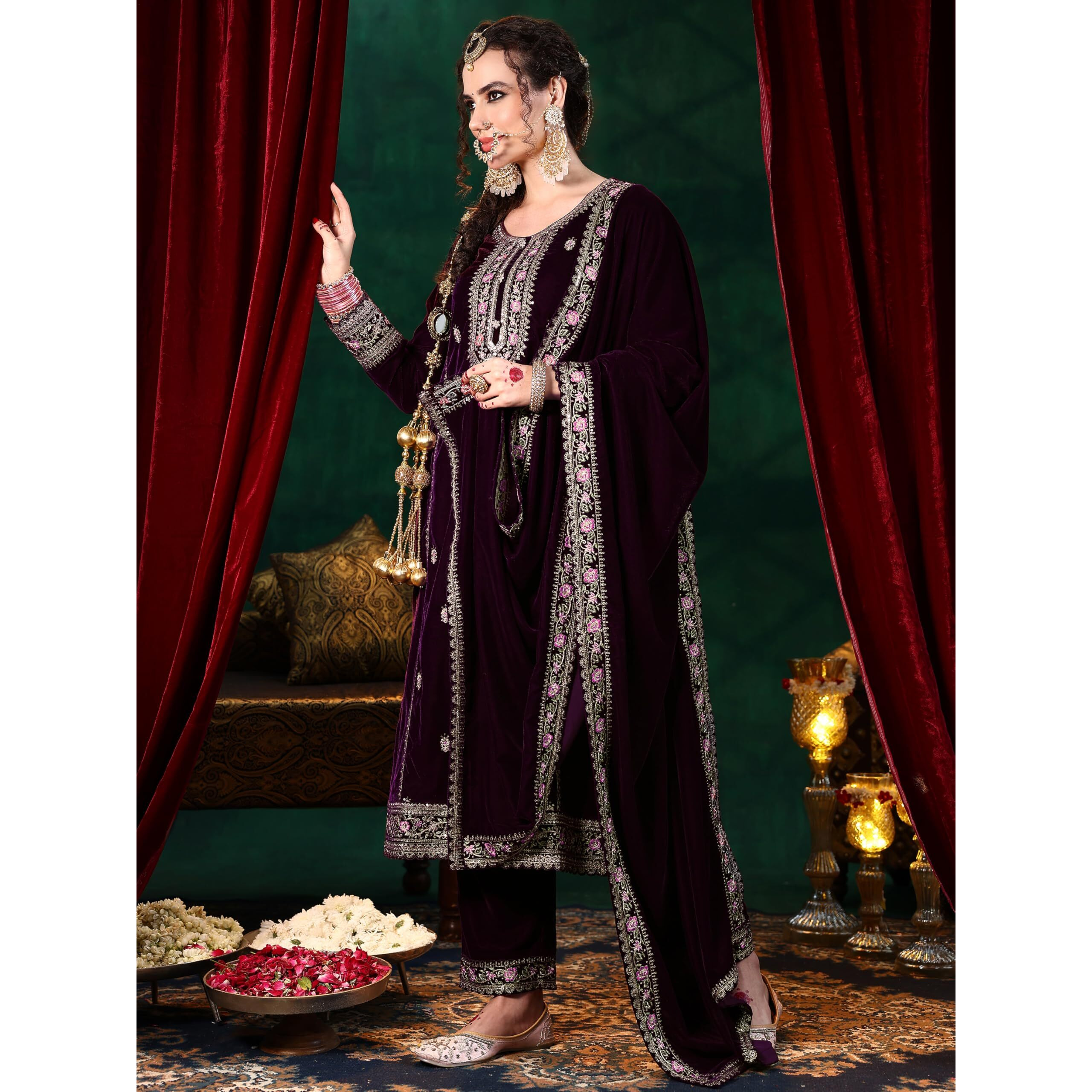 Libas Women's Velvet Kurta Set (48817O_Burgundy