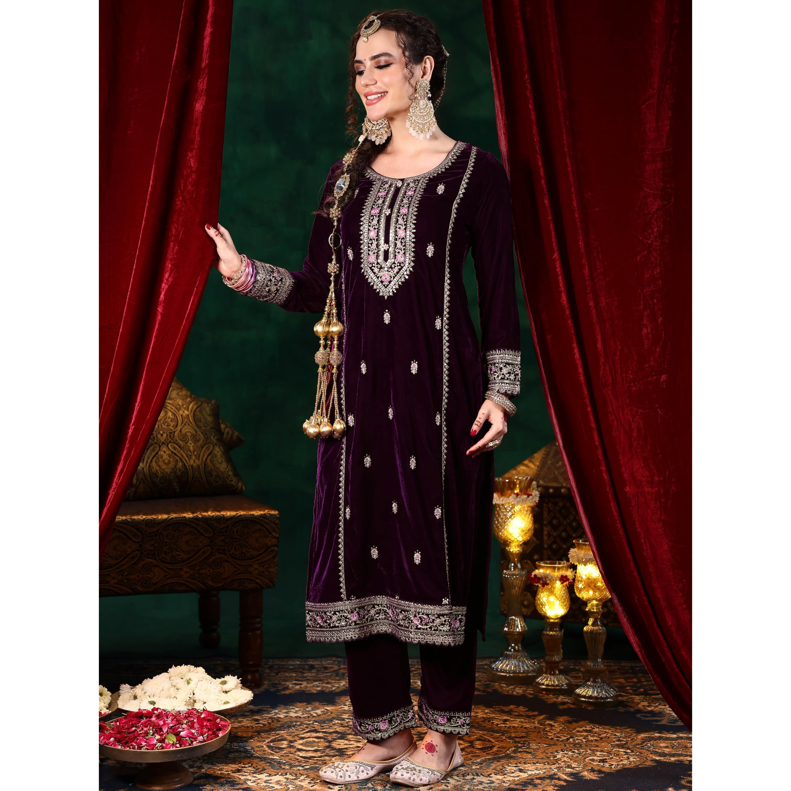 Libas Women's Velvet Kurta Set (48817O_Burgundy
