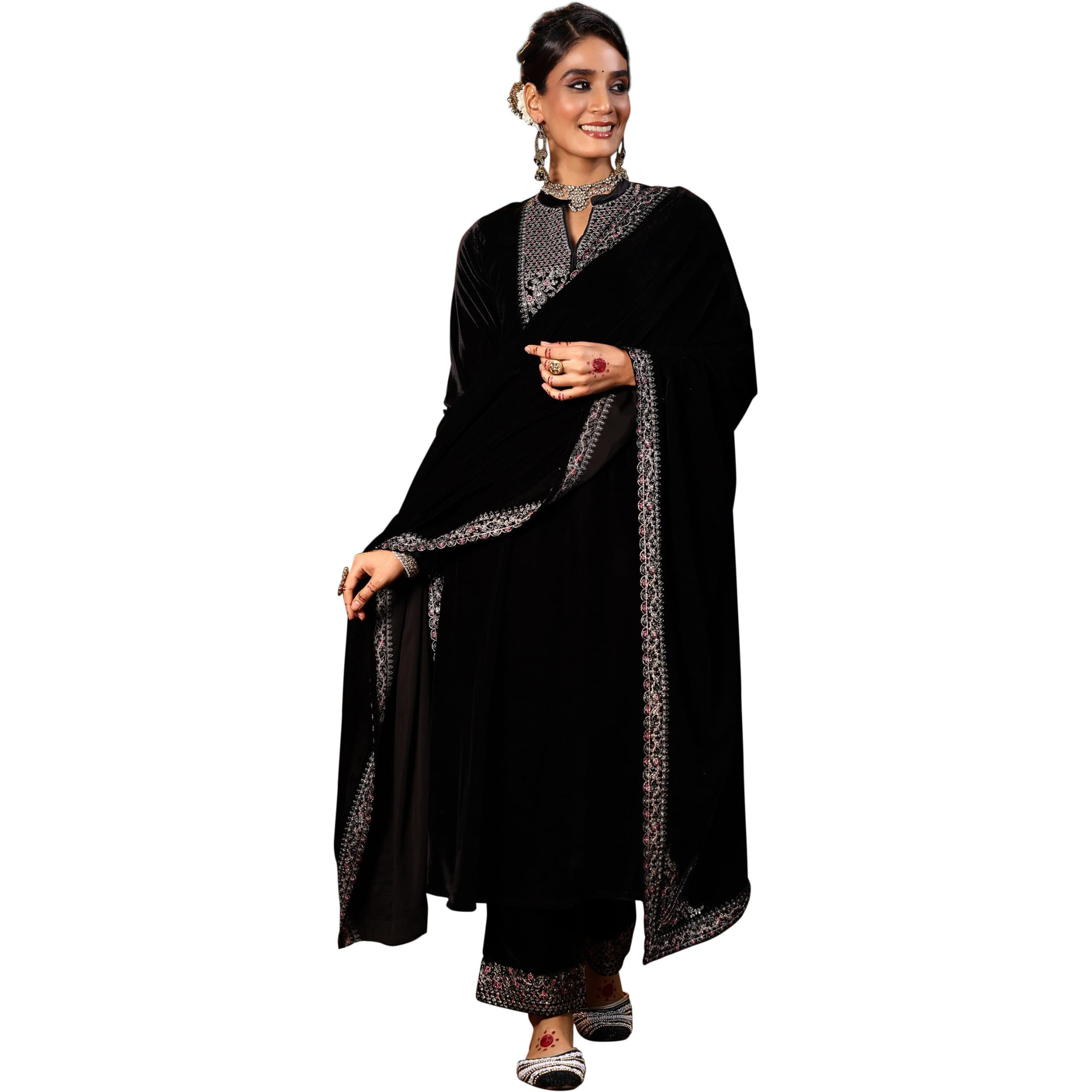Libas Women's Velvet Embroidered Kurta Set (48819O_Black