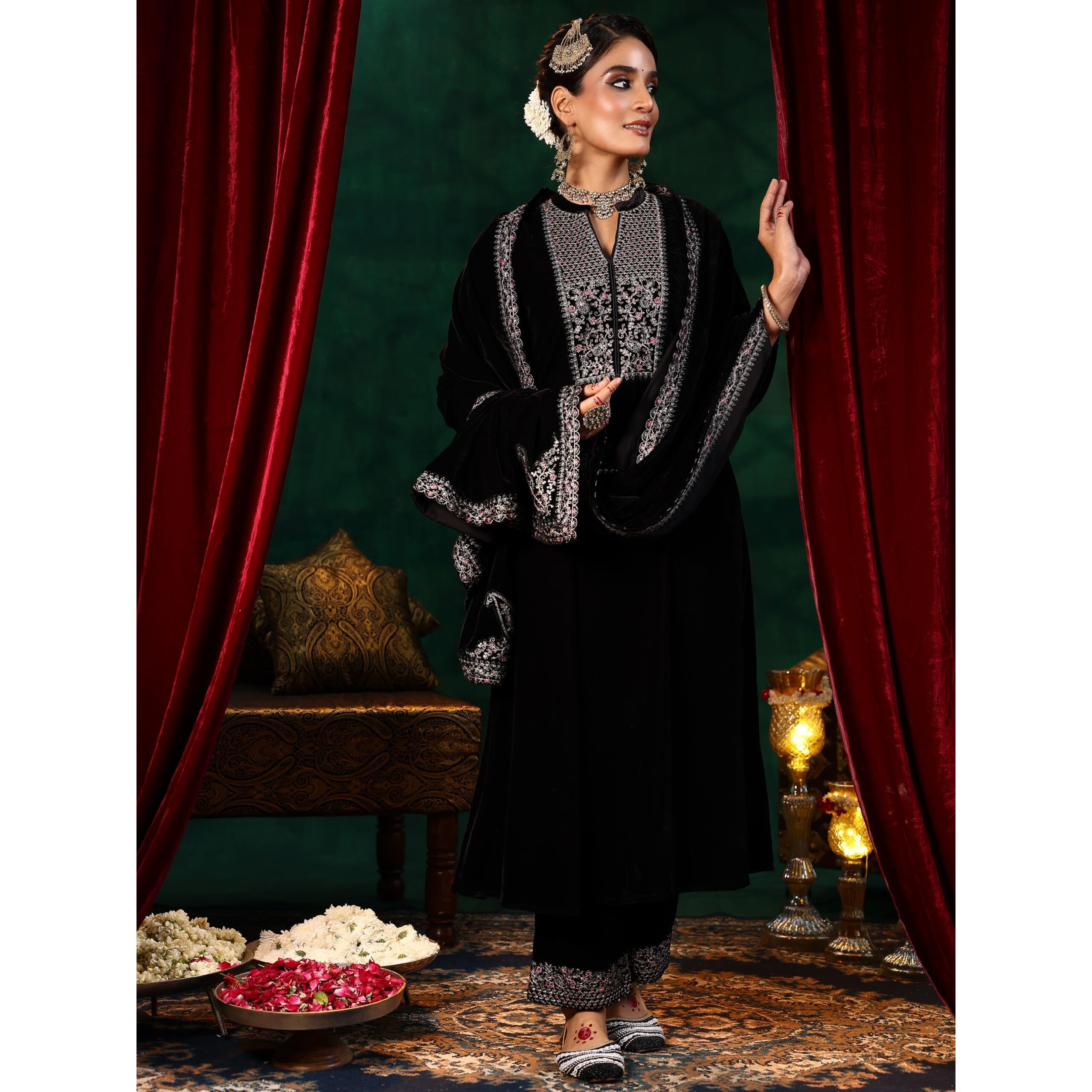 Libas Women's Velvet Embroidered Kurta Set (48819O_Black