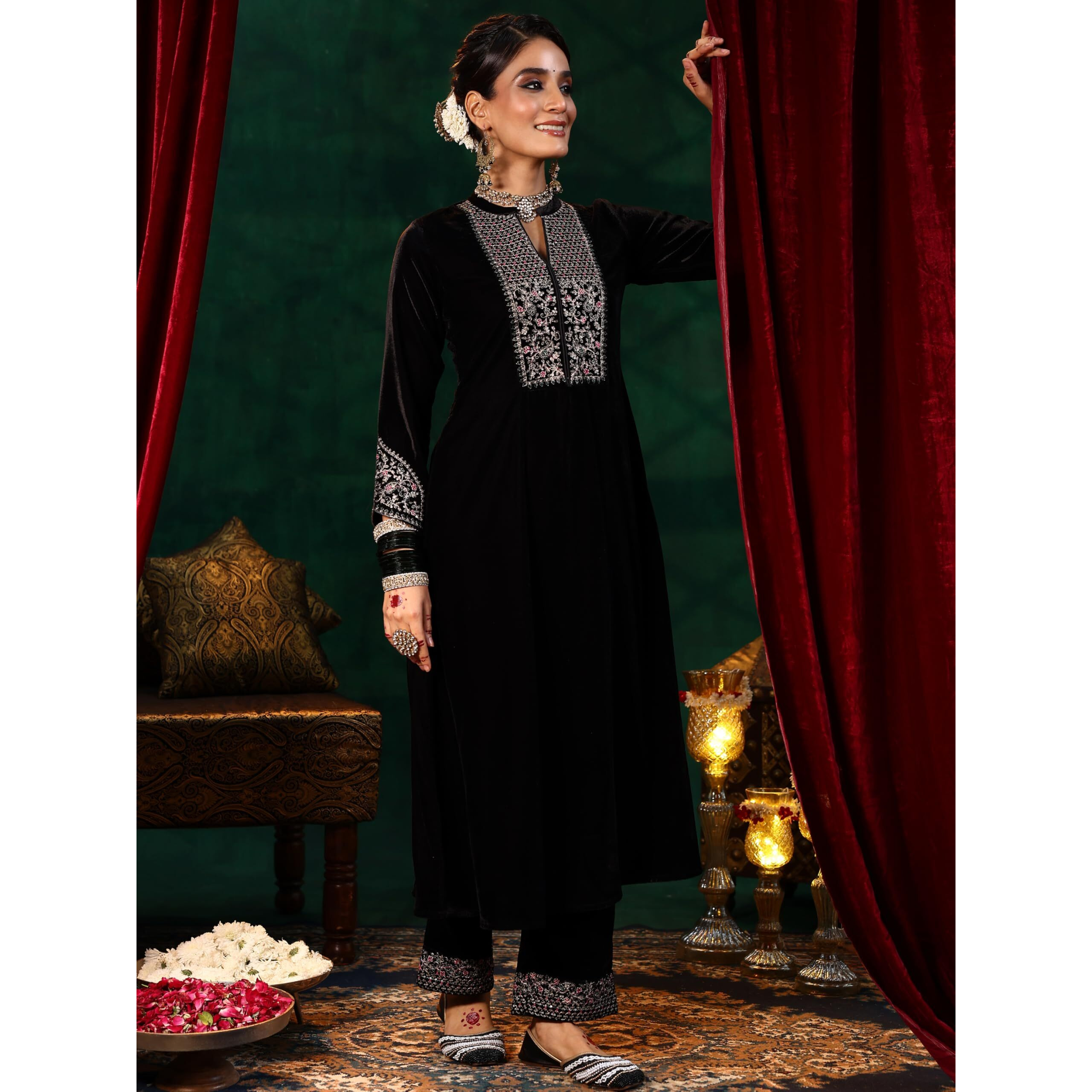 Libas Women's Velvet Embroidered Kurta Set (48819O_Black