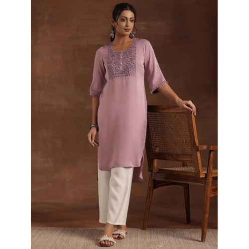 Libas Women's Polyester Yoke Design Straight Kurta (29204 Lavender