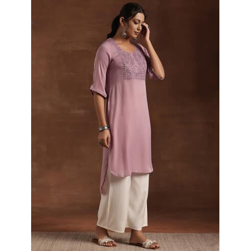 Libas Women's Polyester Yoke Design Straight Kurta (29204 Lavender