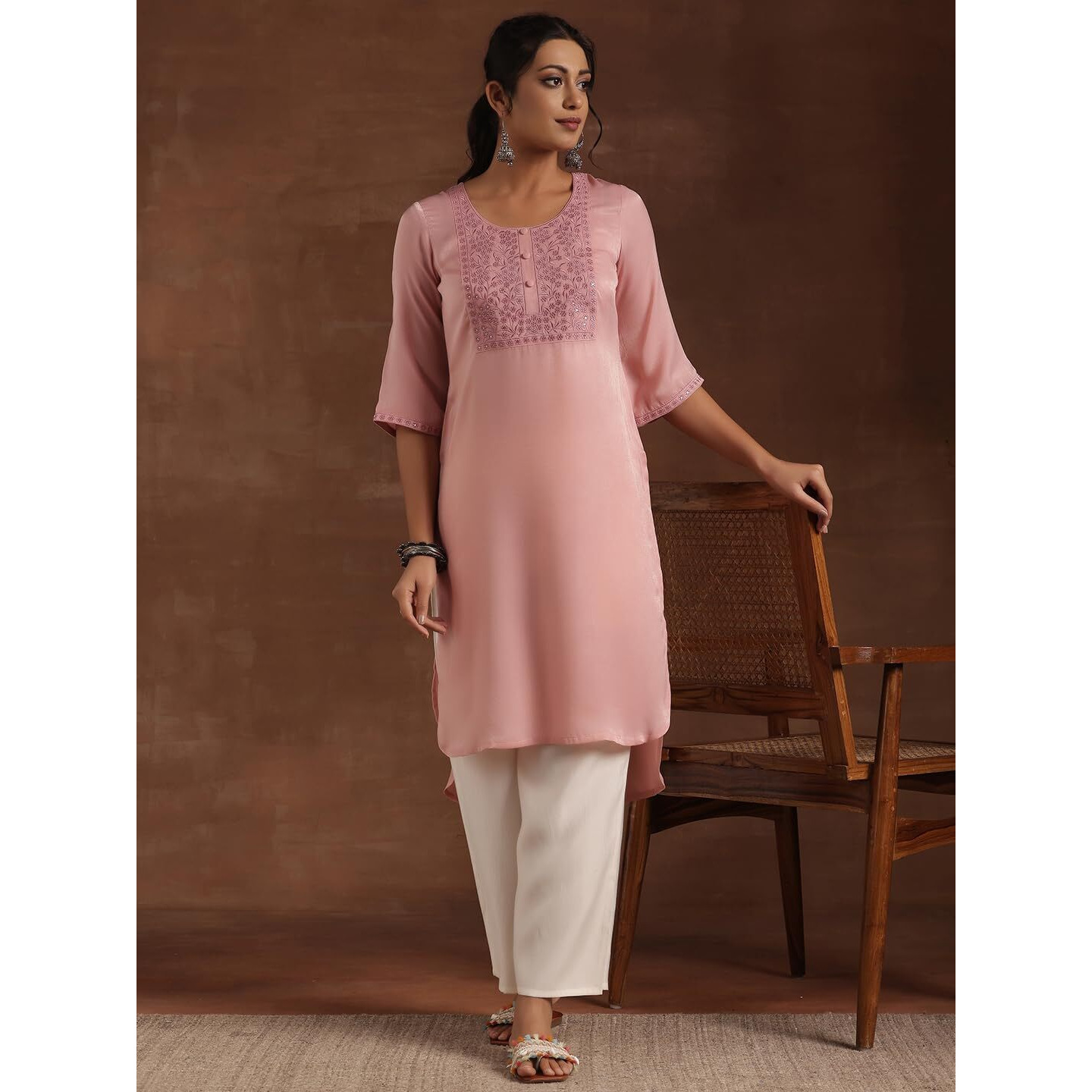 Libas Women's Polyester Yoke Design Straight Kurta (29206 Peach