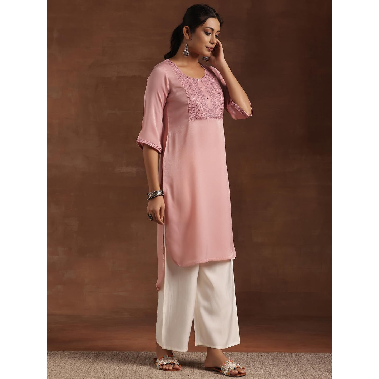 Libas Women's Polyester Yoke Design Straight Kurta (29206 Peach