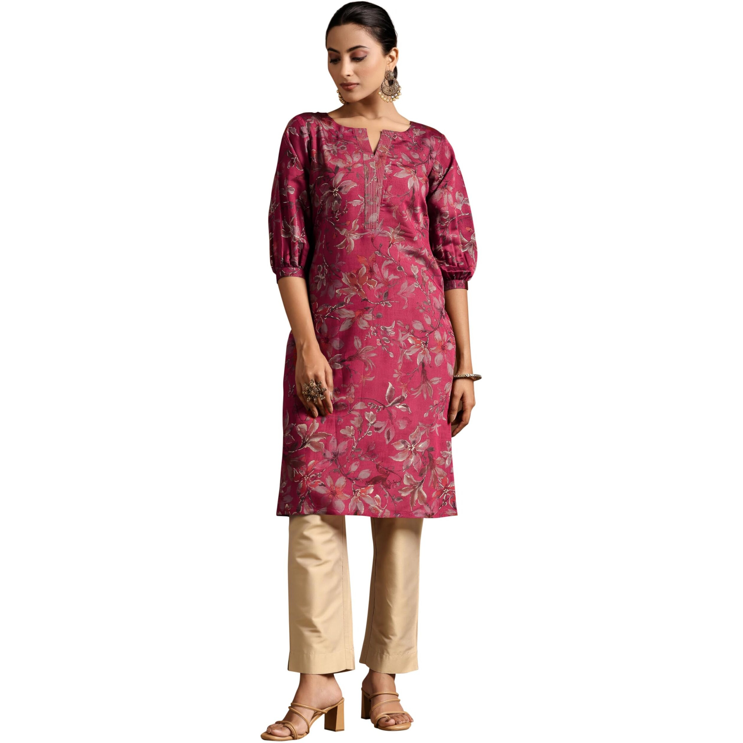 Libas Women's Silk Printed Straight Kurta (29215 Pink