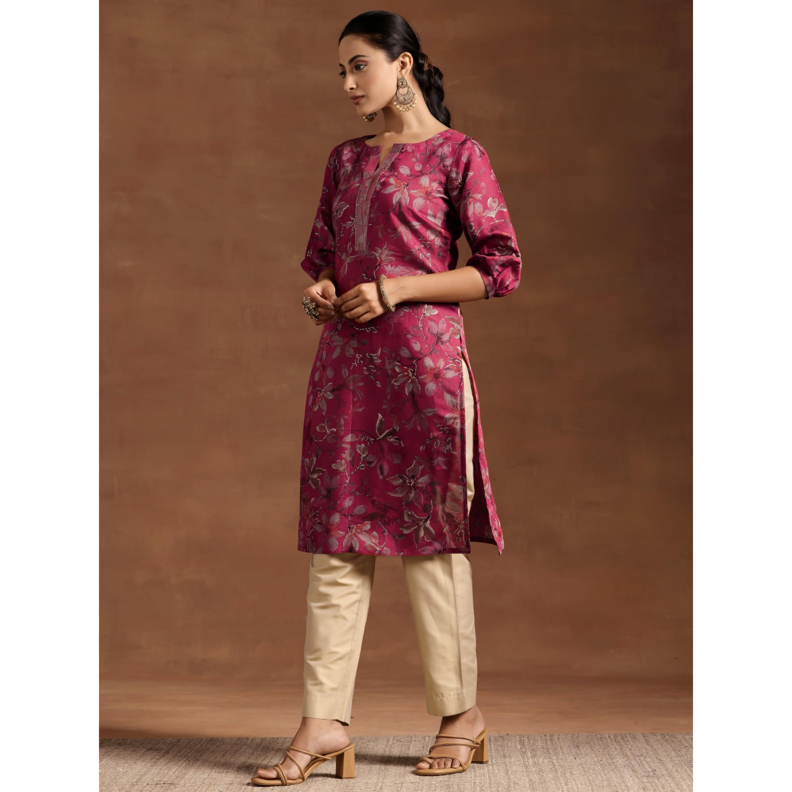 Libas Women's Silk Printed Straight Kurta (29215 Pink