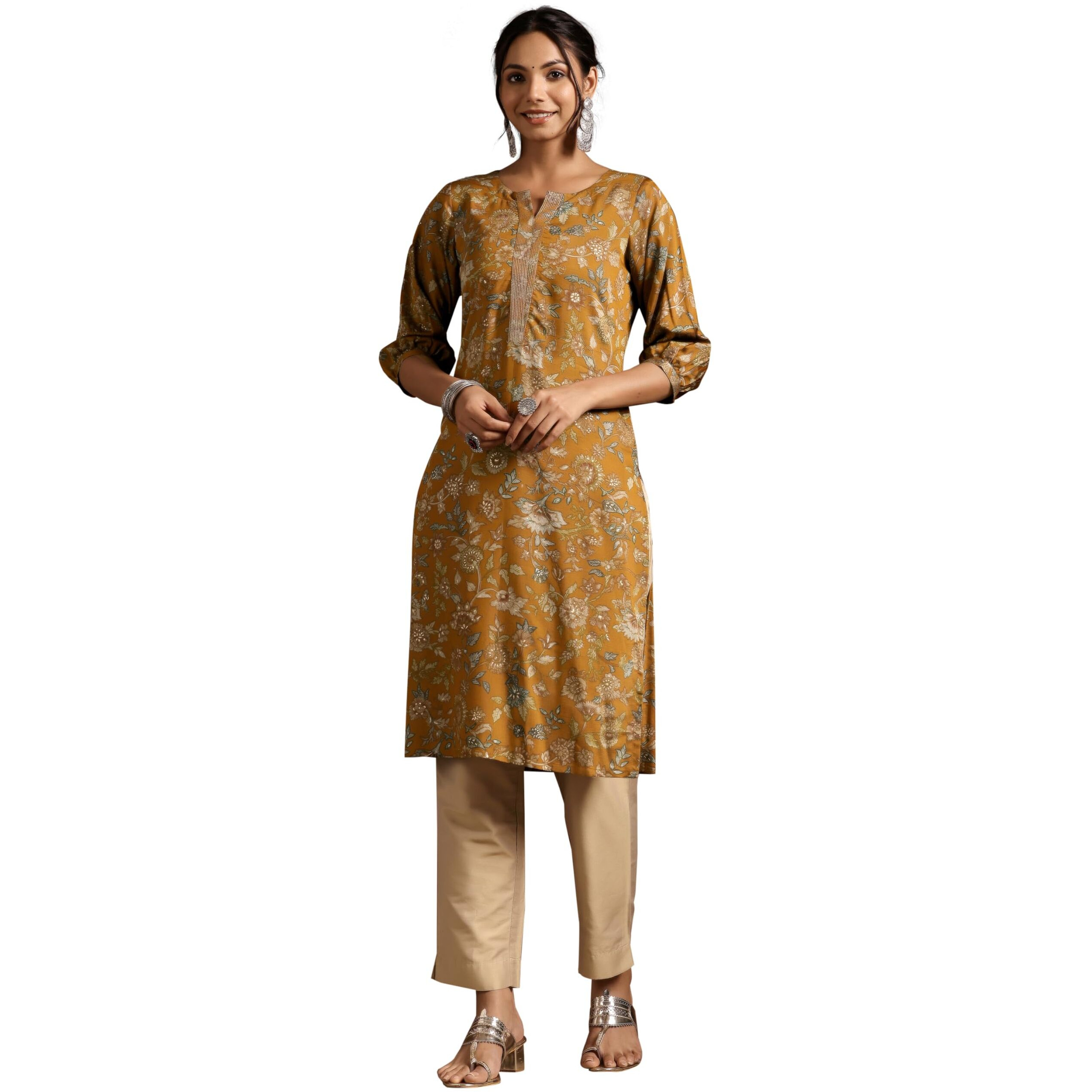 Libas Women's Silk Printed Straight Kurta (29216 Mustard