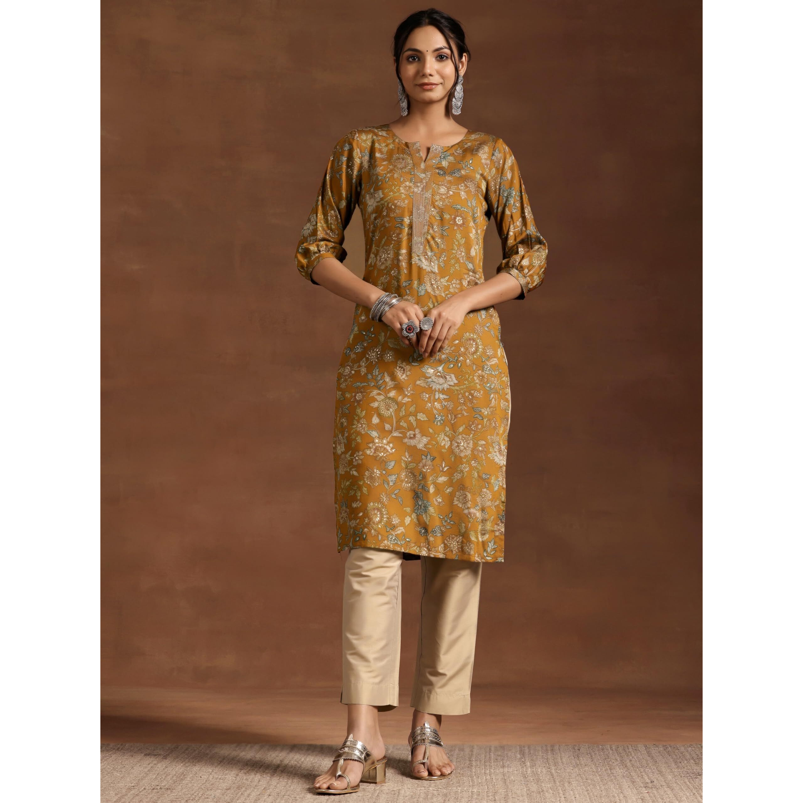 Libas Women's Silk Printed Straight Kurta (29216 Mustard