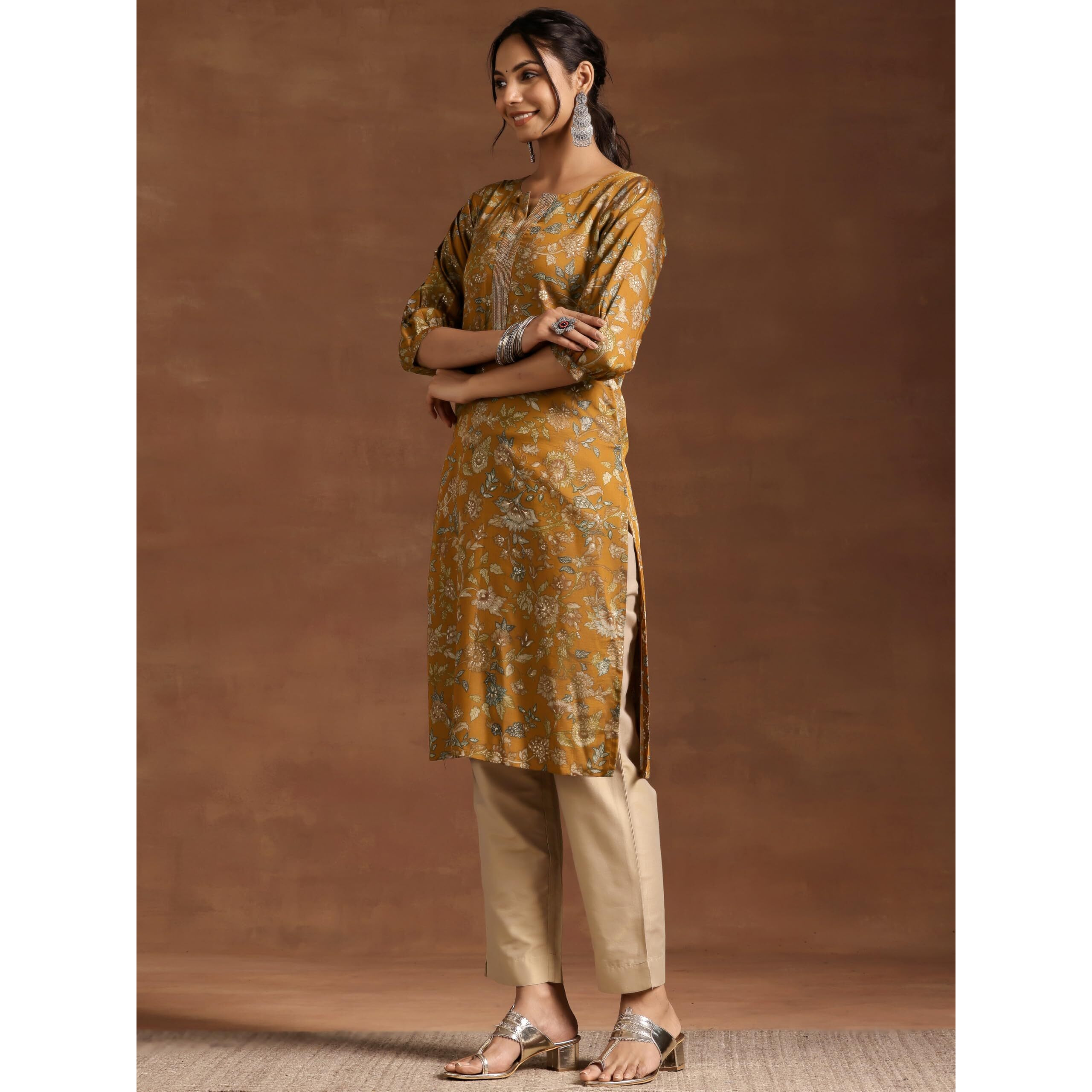 Libas Women's Silk Printed Straight Kurta (29216 Mustard