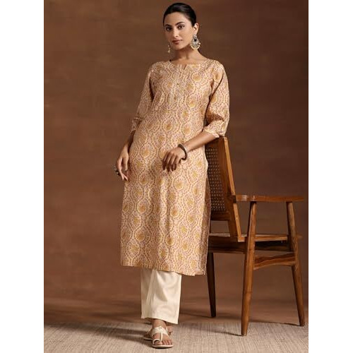 Libas Women's Silk Floral Straight Kurta (29221 Yellow