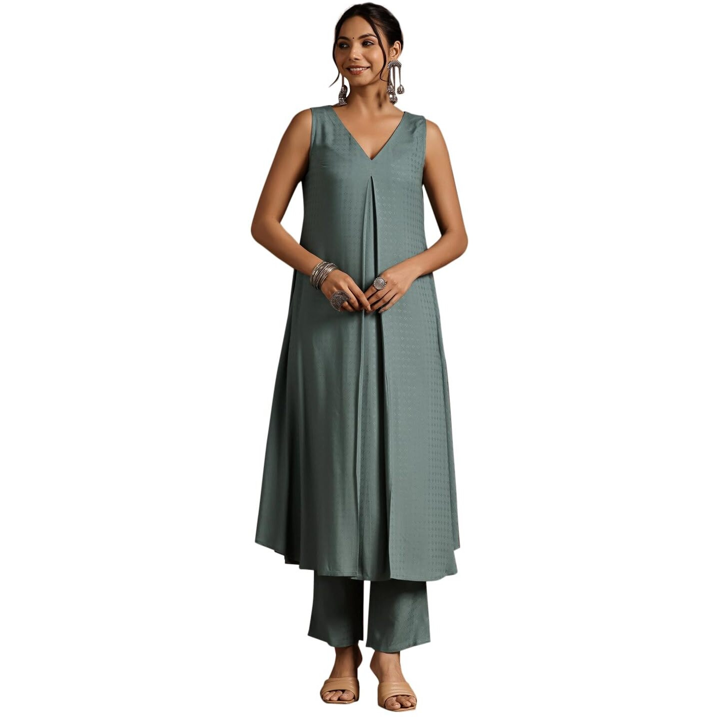 Libas Womens Woven Design Viscose A-Line Kurta With Trousers