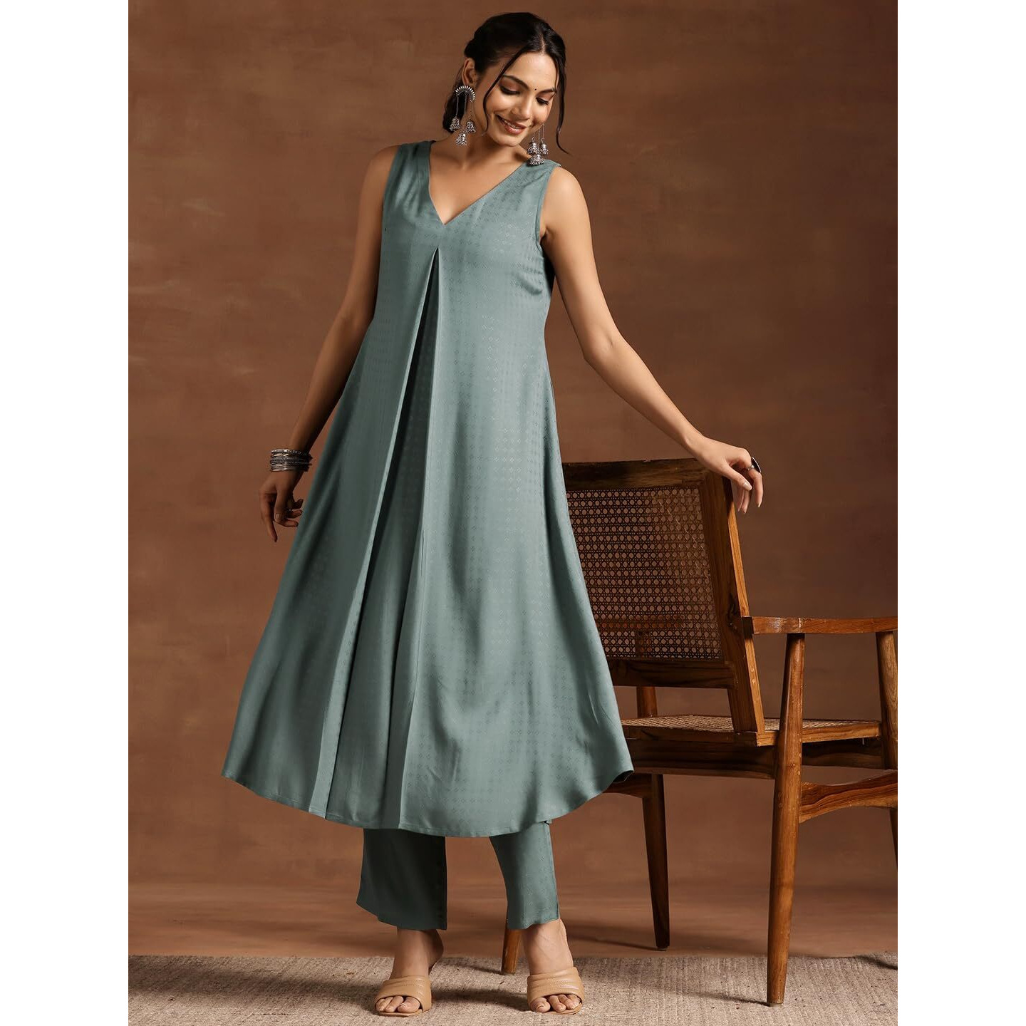 Libas Womens Woven Design Viscose A-Line Kurta With Trousers