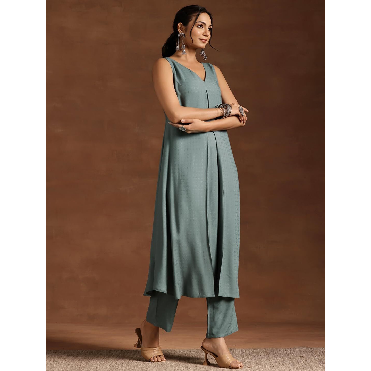 Libas Womens Woven Design Viscose A-Line Kurta With Trousers