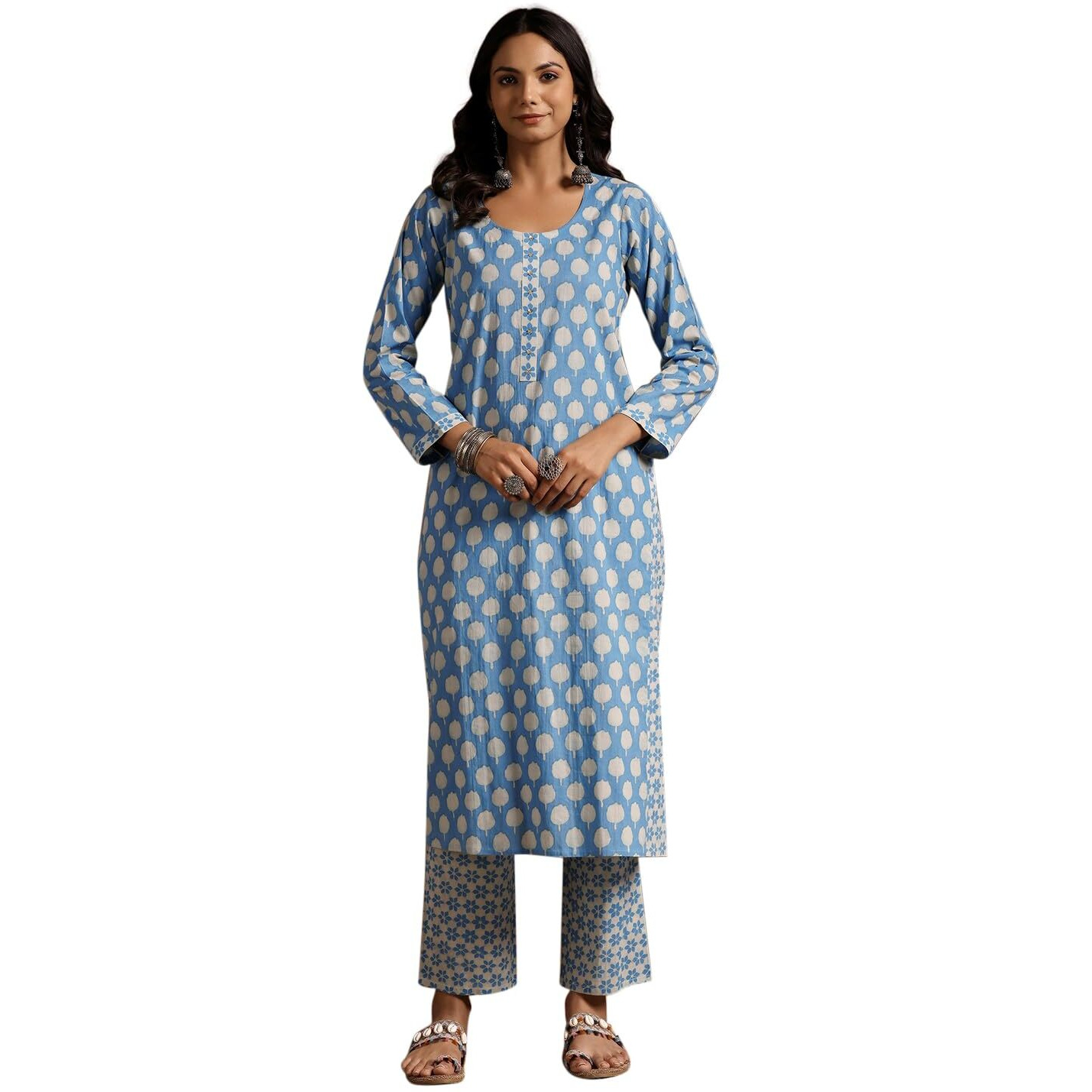 Libas Womens Printed Cotton A-Line Kurta With Trousers