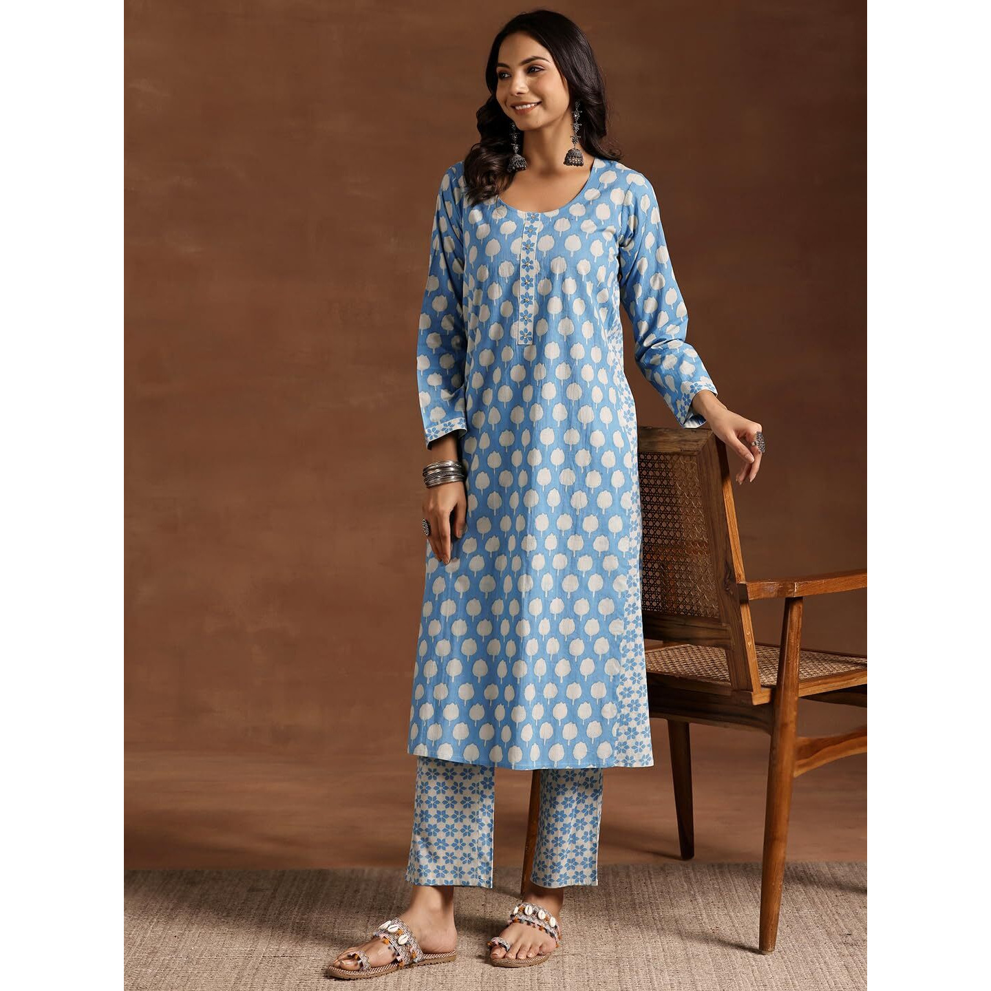 Libas Womens Printed Cotton A-Line Kurta With Trousers