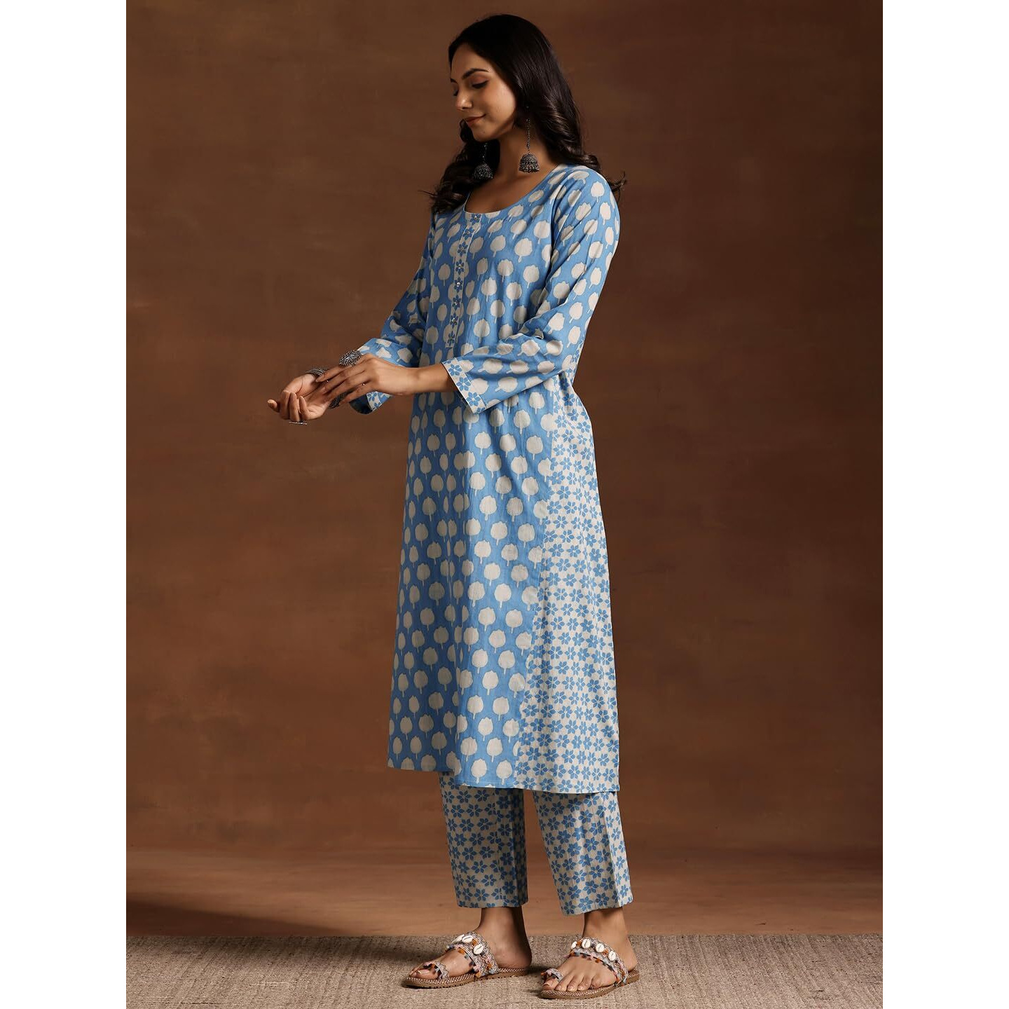 Libas Womens Printed Cotton A-Line Kurta With Trousers