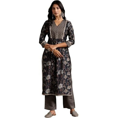 Libas Womens Printed Silk Blend Straight Kurta With Trousers