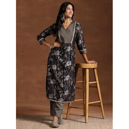 Libas Womens Printed Silk Blend Straight Kurta With Trousers