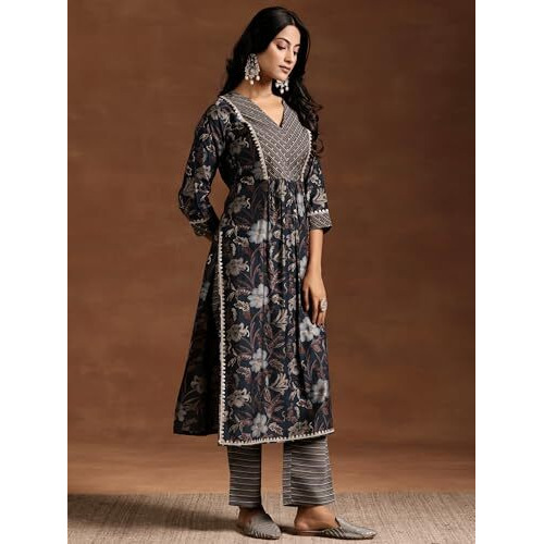 Libas Womens Printed Silk Blend Straight Kurta With Trousers