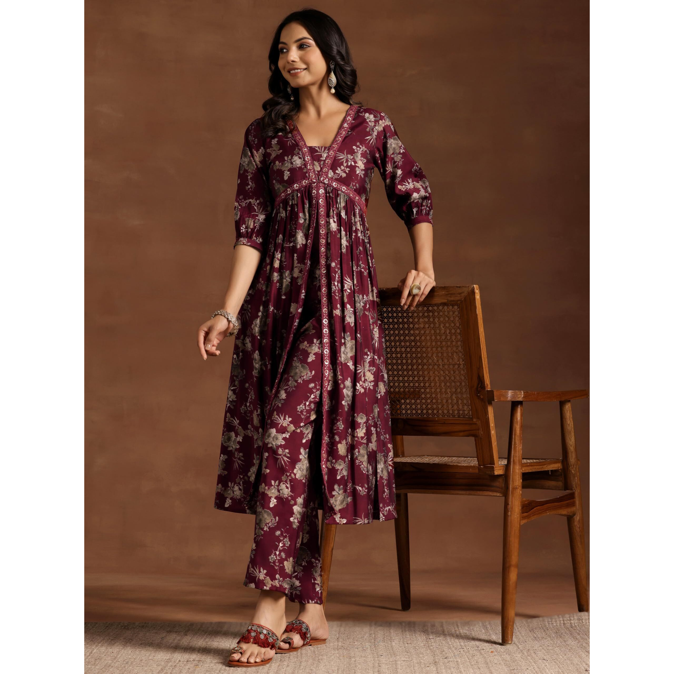 Libas Womens Printed Silk Blend A-Line Kurta With Trousers