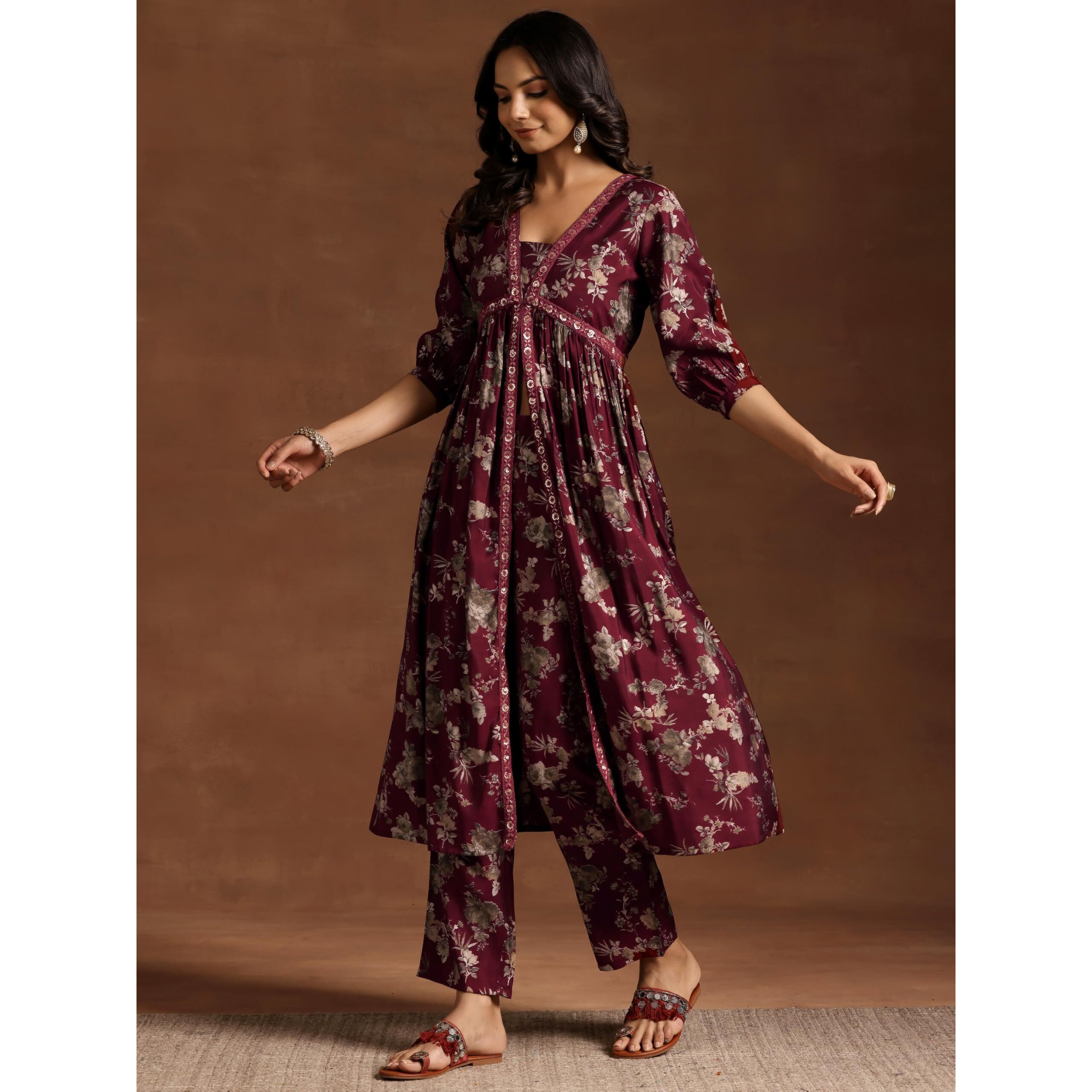 Libas Womens Printed Silk Blend A-Line Kurta With Trousers