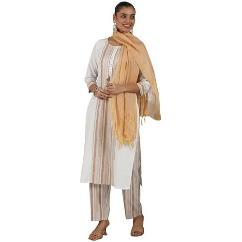 Libas Womens Printed Cotton Blend Straight Kurta With Trousers And Dupatta