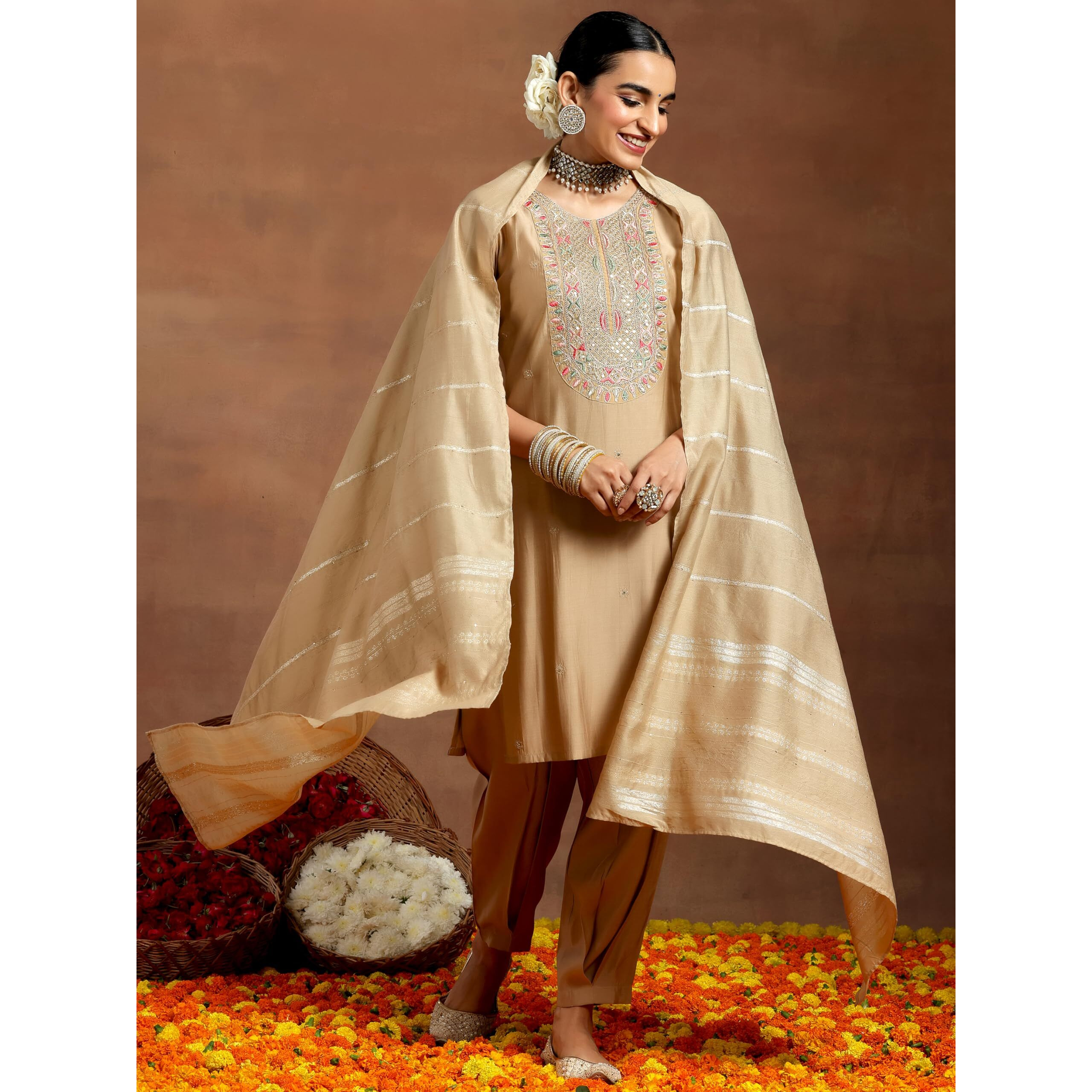 Libas Women's Silk Blend Kurta Set (Gs942_Beige