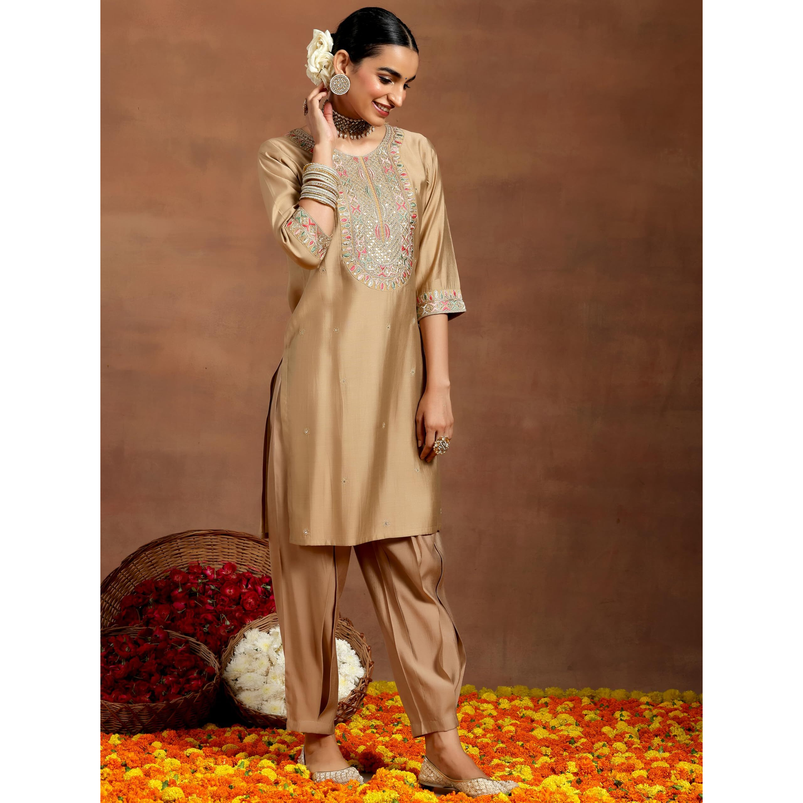 Libas Women's Silk Blend Kurta Set (Gs942_Beige