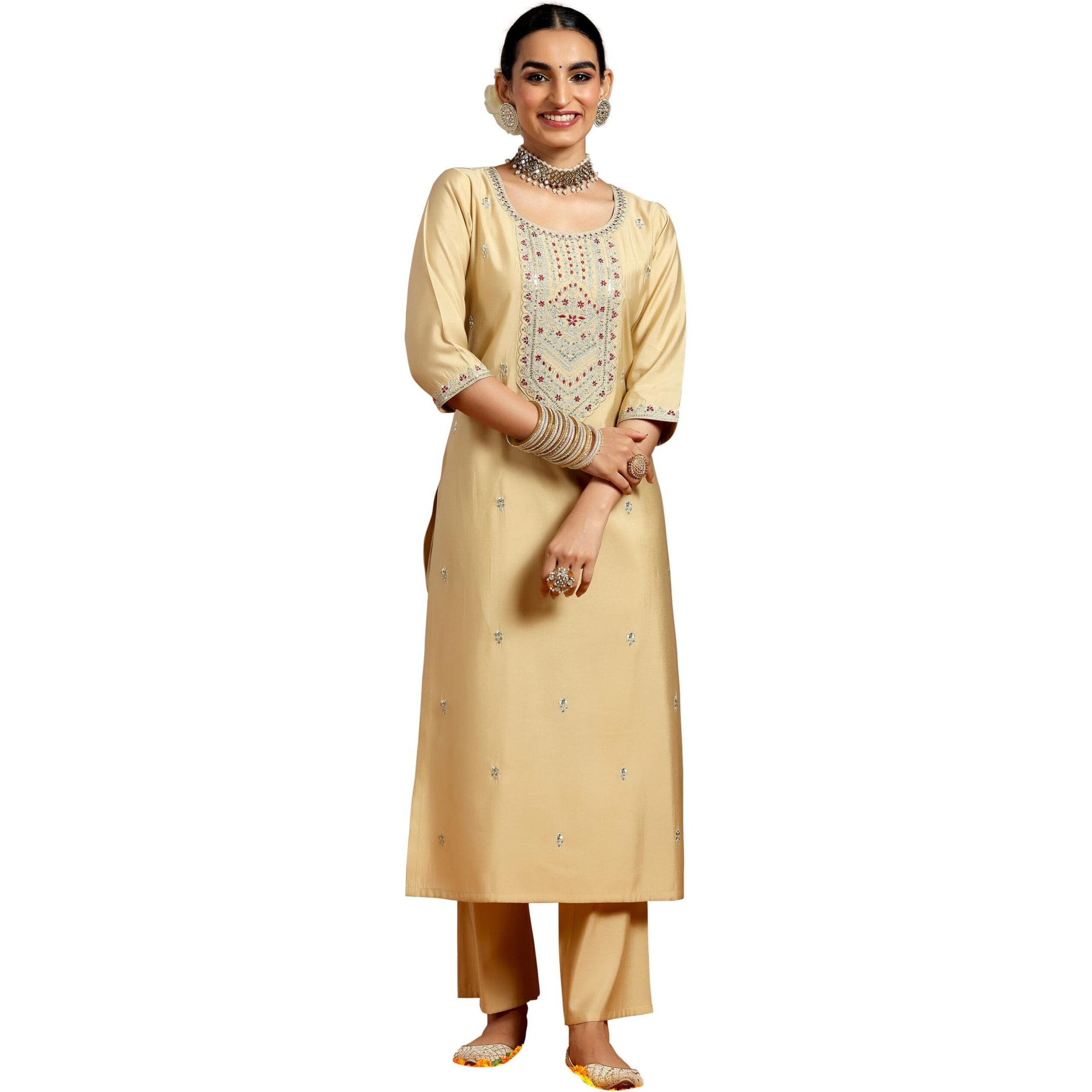 Libas Women's Silk Blend Embroidered Kurta Set (Gs938_Beige