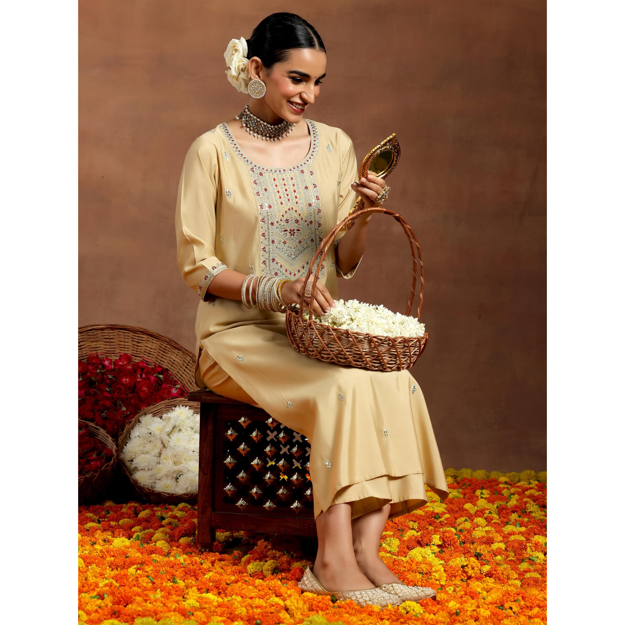 Libas Women's Silk Blend Embroidered Kurta Set (Gs938_Beige