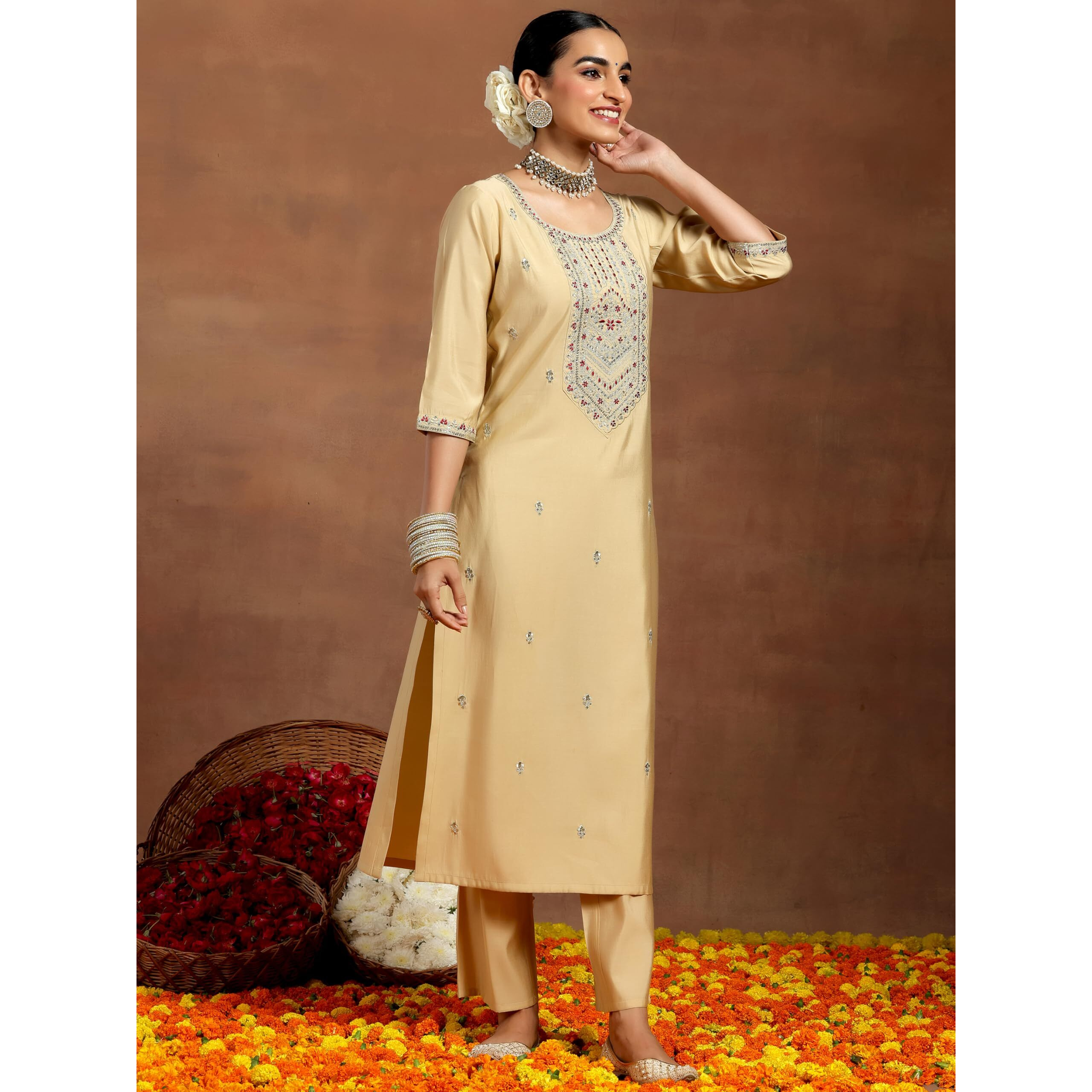 Libas Women's Silk Blend Embroidered Kurta Set (Gs938_Beige