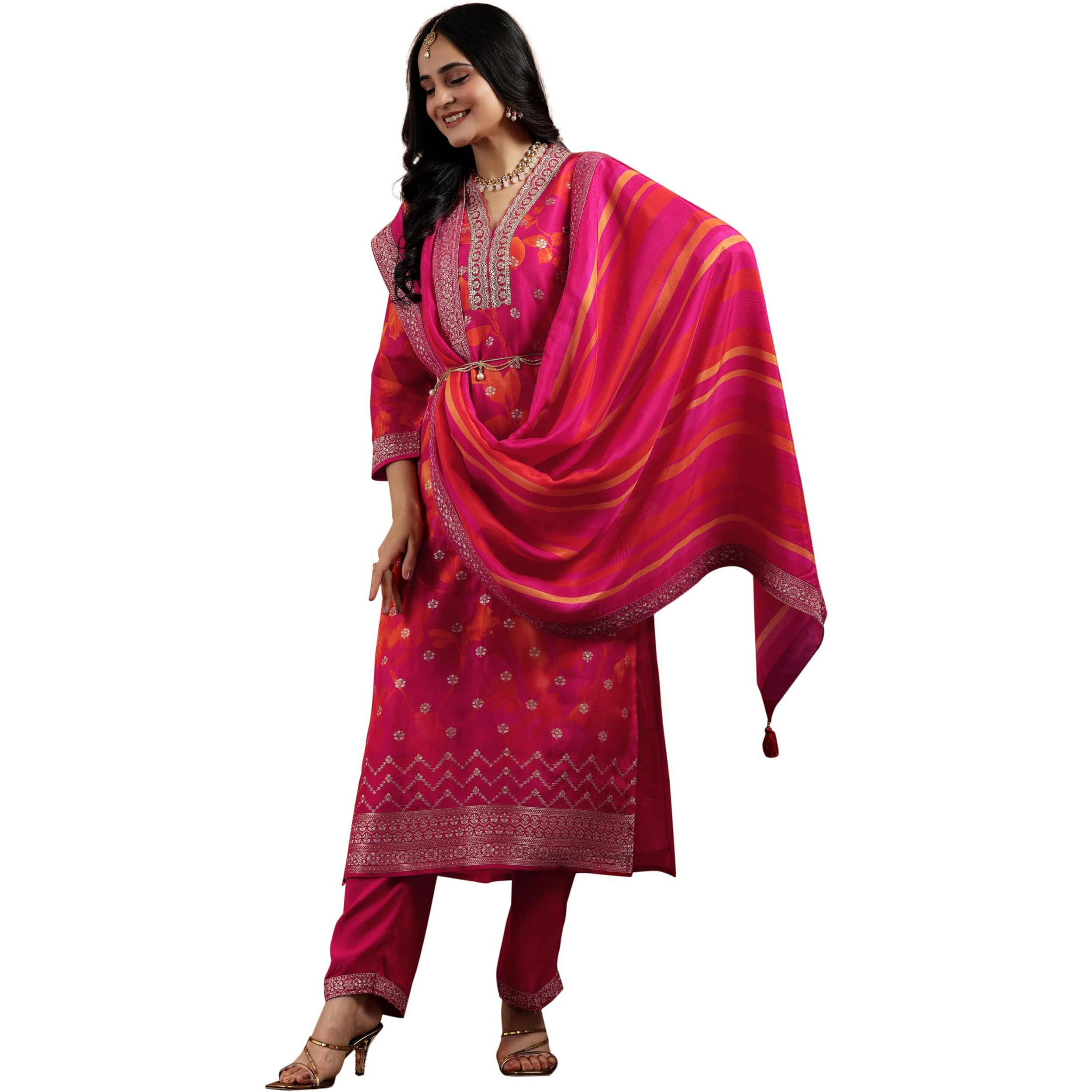 Libas Womens Printed Silk Blend Straight Kurta With Trousers And Dupatta