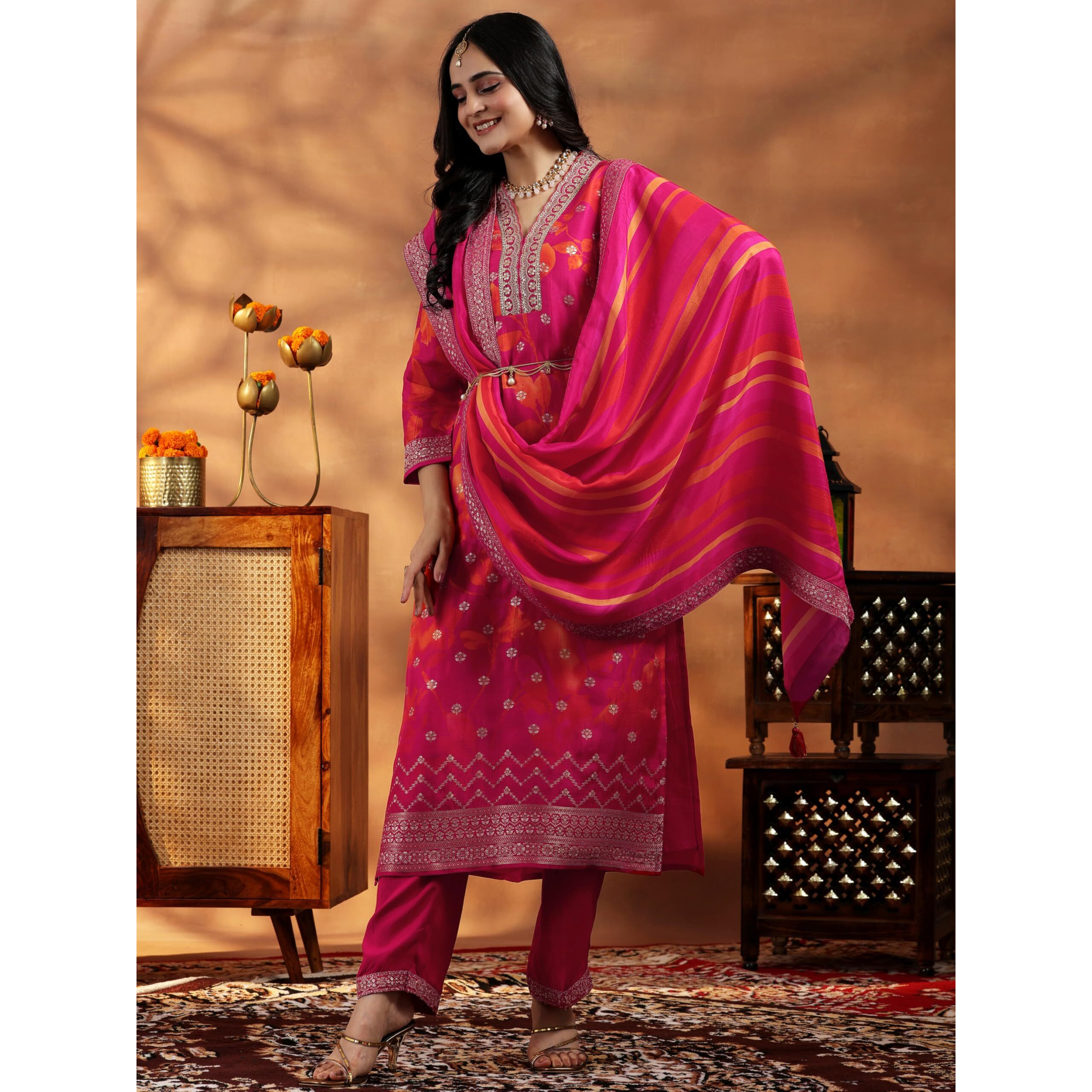 Libas Womens Printed Silk Blend Straight Kurta With Trousers And Dupatta