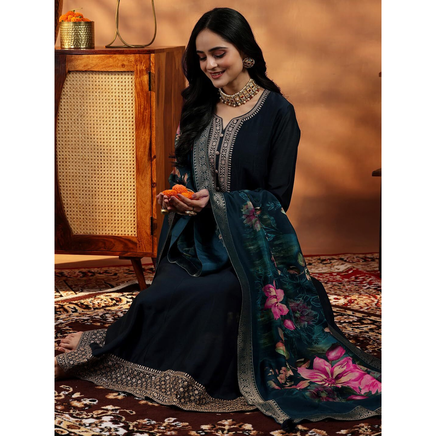Libas Womens Yoke Design Silk Blend A-Line Kurta With Trousers And Dupatta