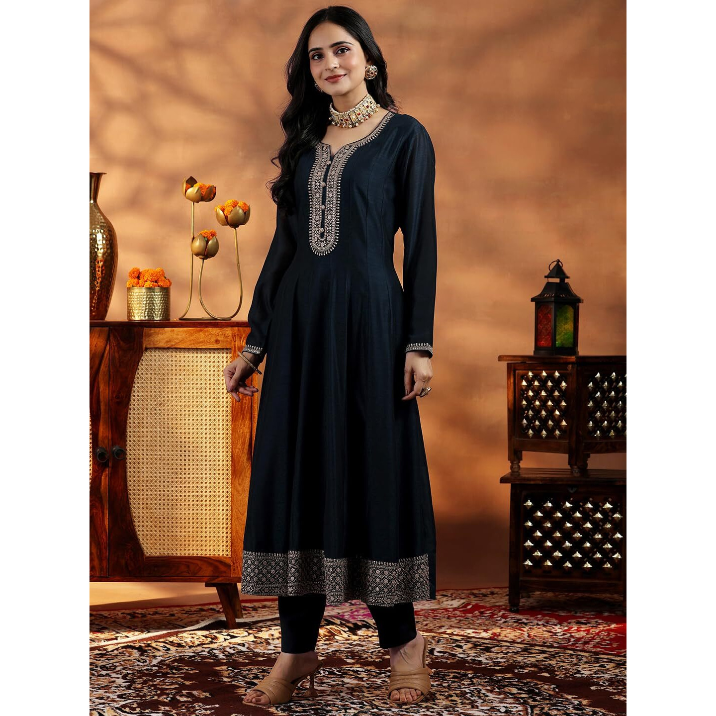 Libas Womens Yoke Design Silk Blend A-Line Kurta With Trousers And Dupatta