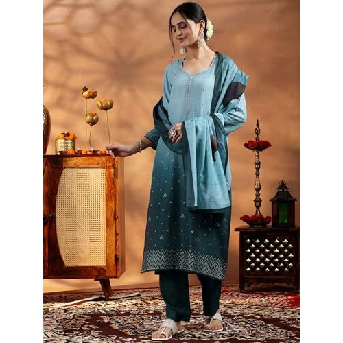 Libas Womens Embellished Muslin Straight Kurta With Trousers And Dupatta