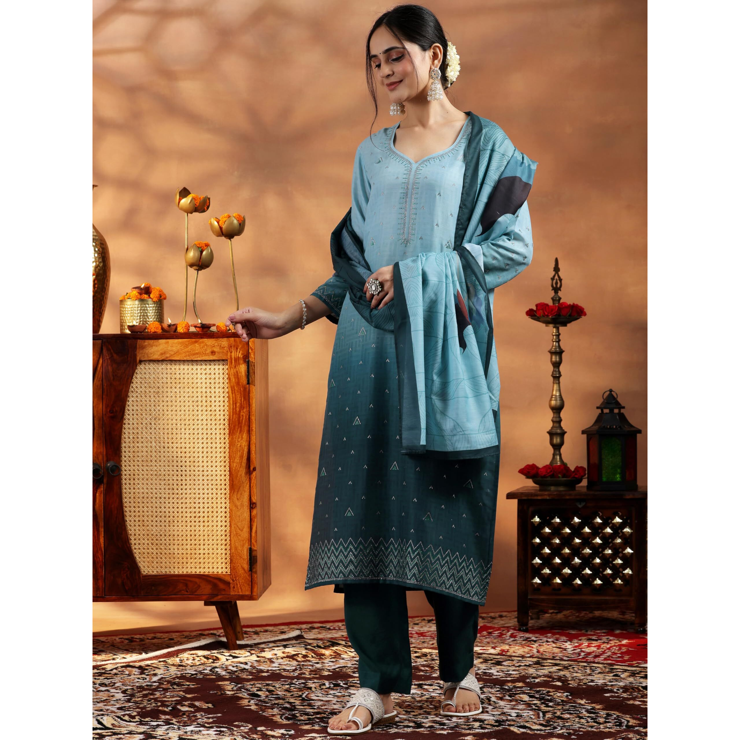 Libas Womens Embellished Muslin Straight Kurta With Trousers And Dupatta