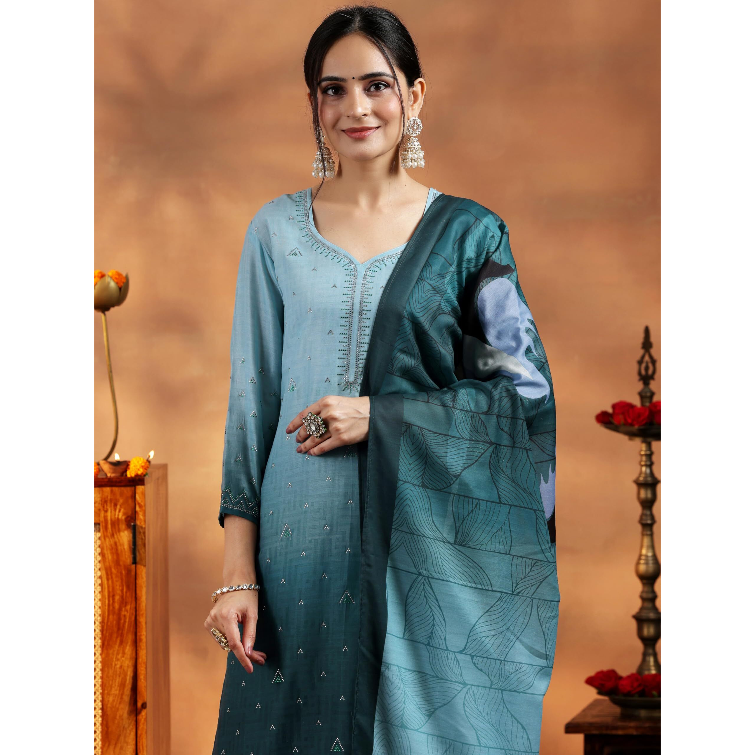 Libas Womens Embellished Muslin Straight Kurta With Trousers And Dupatta