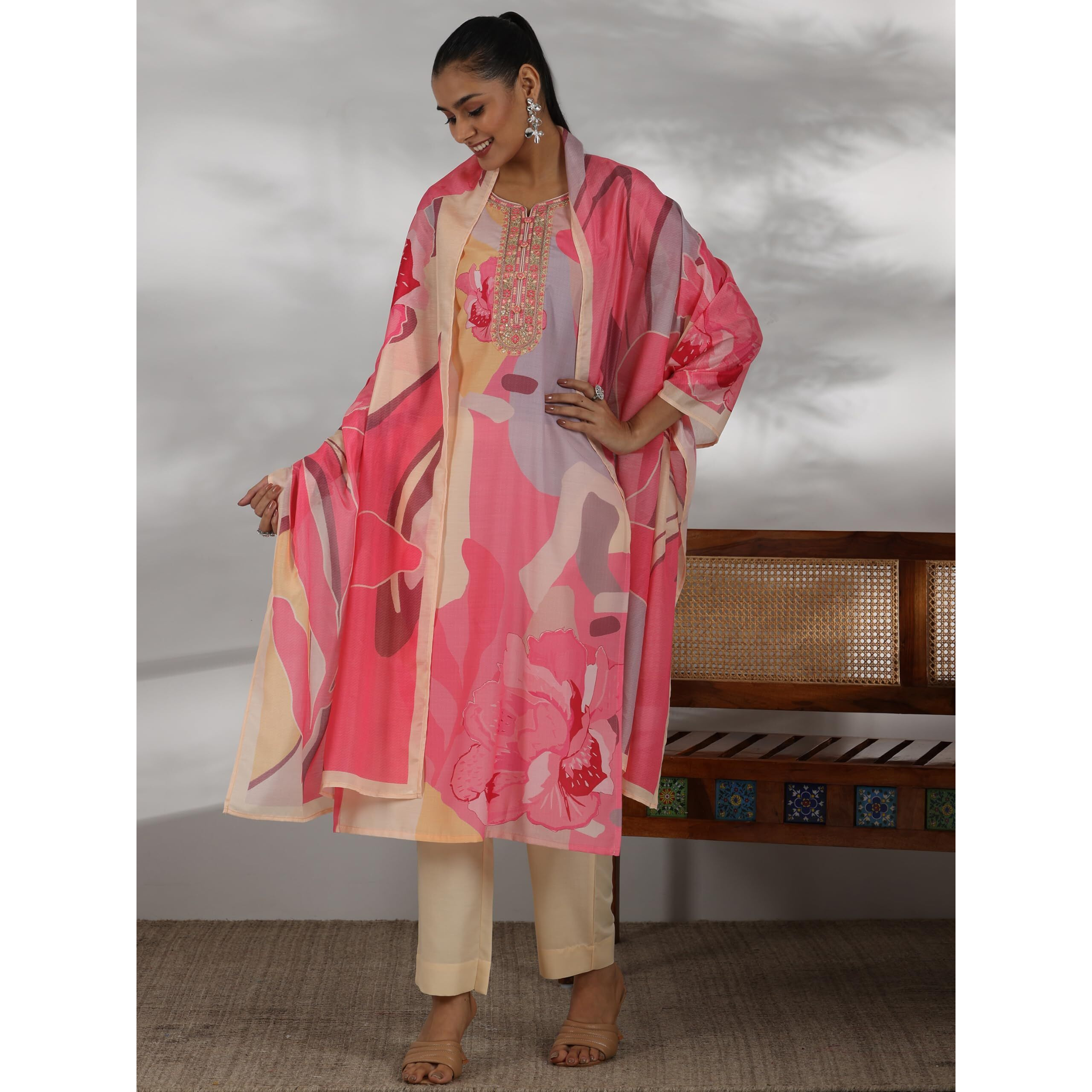Libas Women's Cotton Blend Kurta Set (48846_Cream