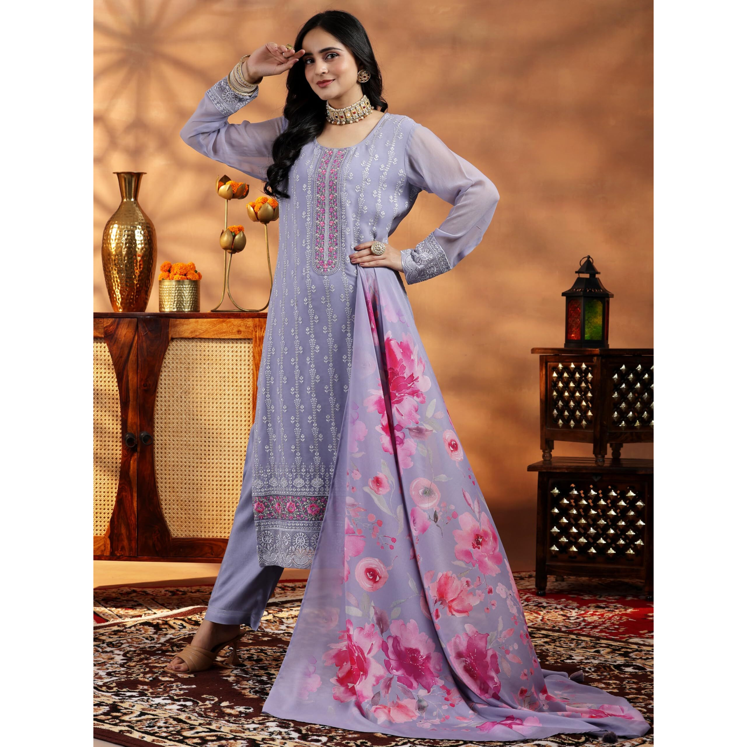 Libas Womens Embroidered Georgette Straight Kurta With Trousers And Dupatta