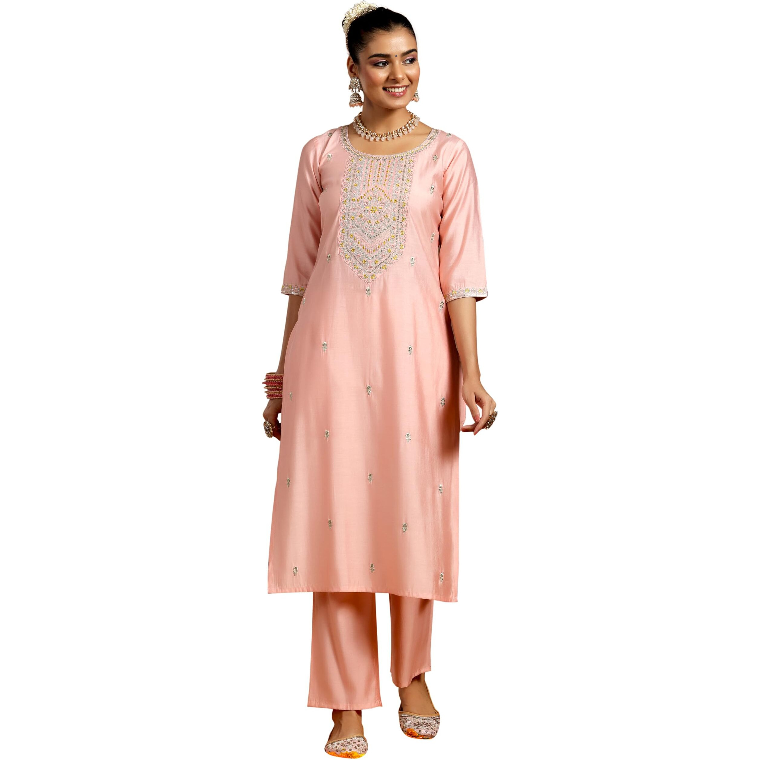 Libas Women's Silk Blend Embroidered Kurta Set (Gs951_Peach