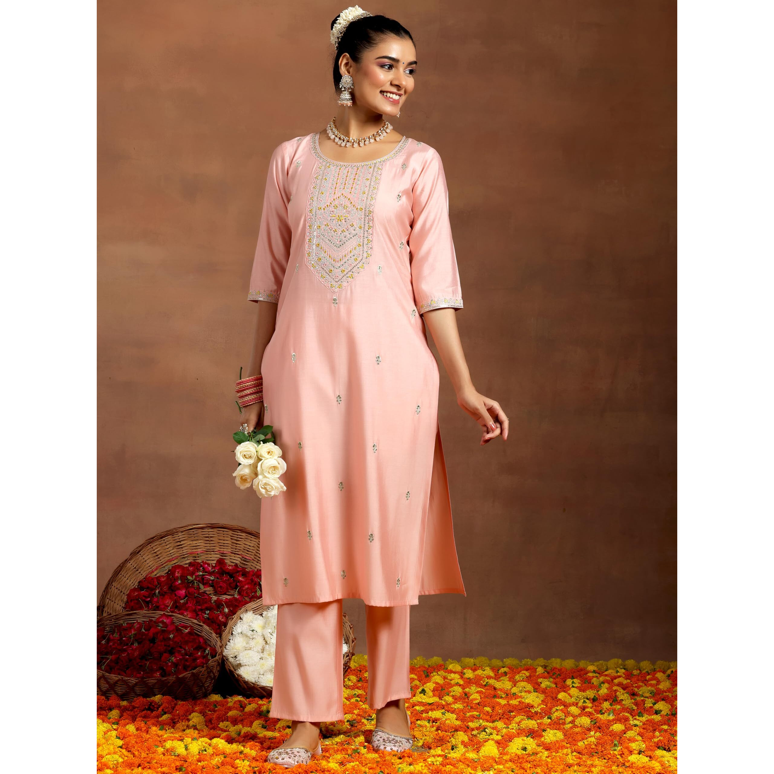 Libas Women's Silk Blend Embroidered Kurta Set (Gs951_Peach