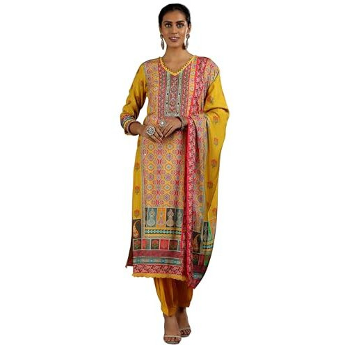 Libas Women's Silk Blend Kurta Sets (48870_Yellow_Xl)